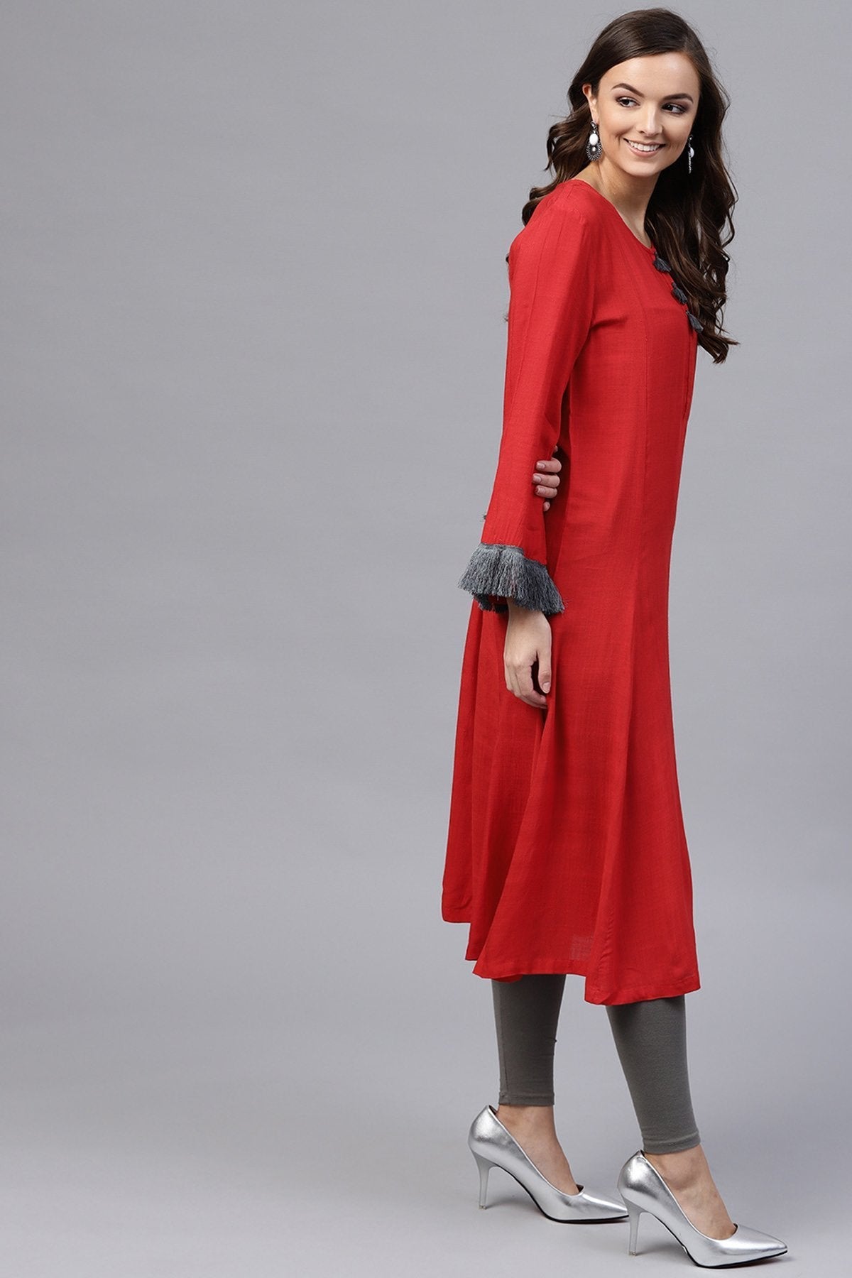 Women's Red Fringed Sleeves Kurta - SHAE