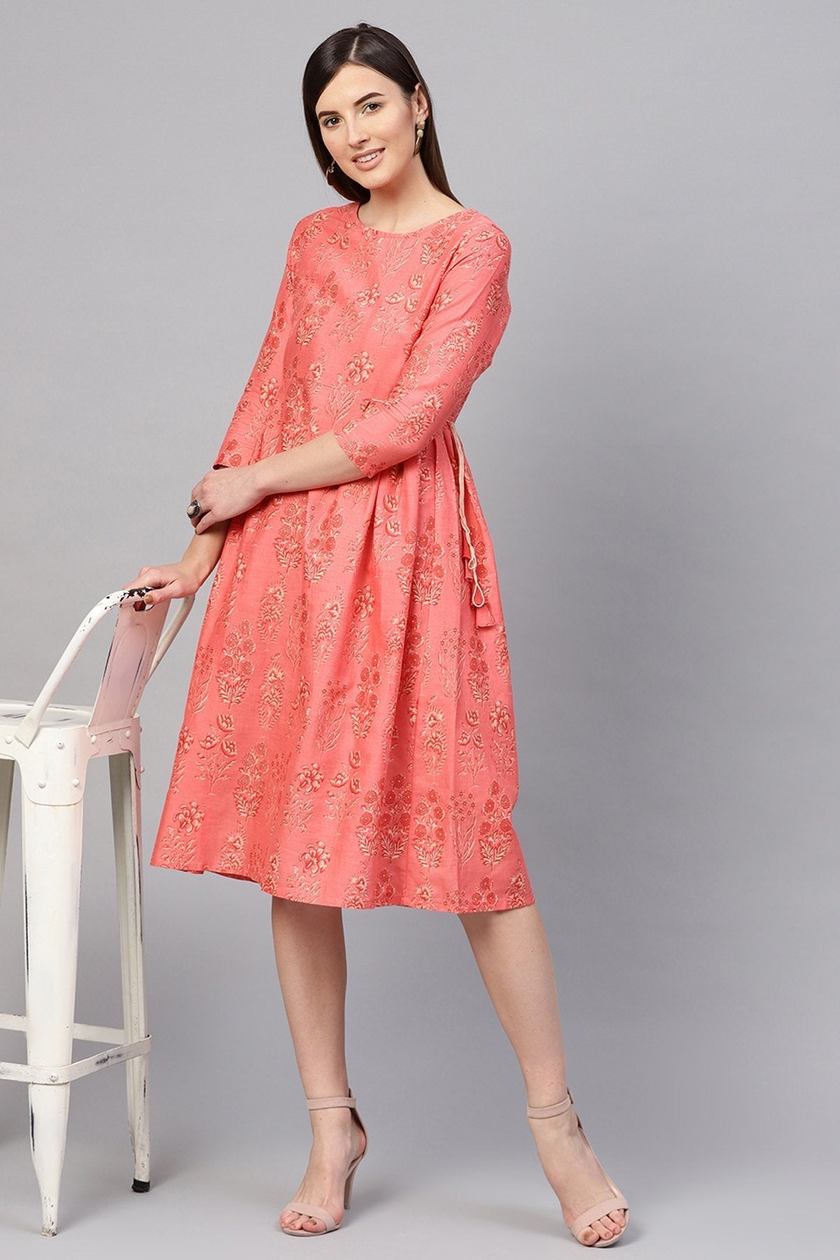 Women's Coral Floral Side Tie-Up Midi - SASSAFRAS