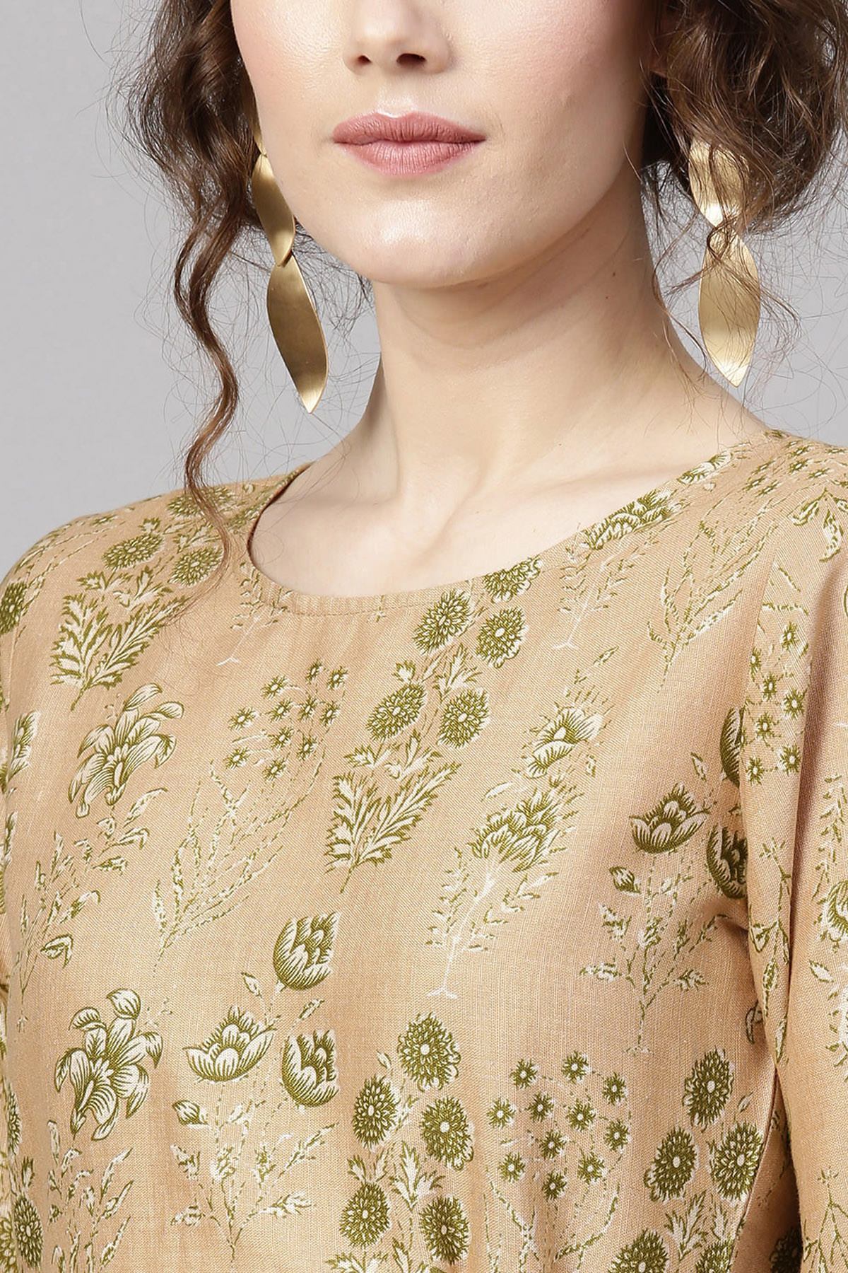 Women's Golden Beige Floral Side Tie-Up Kurta - SHAE