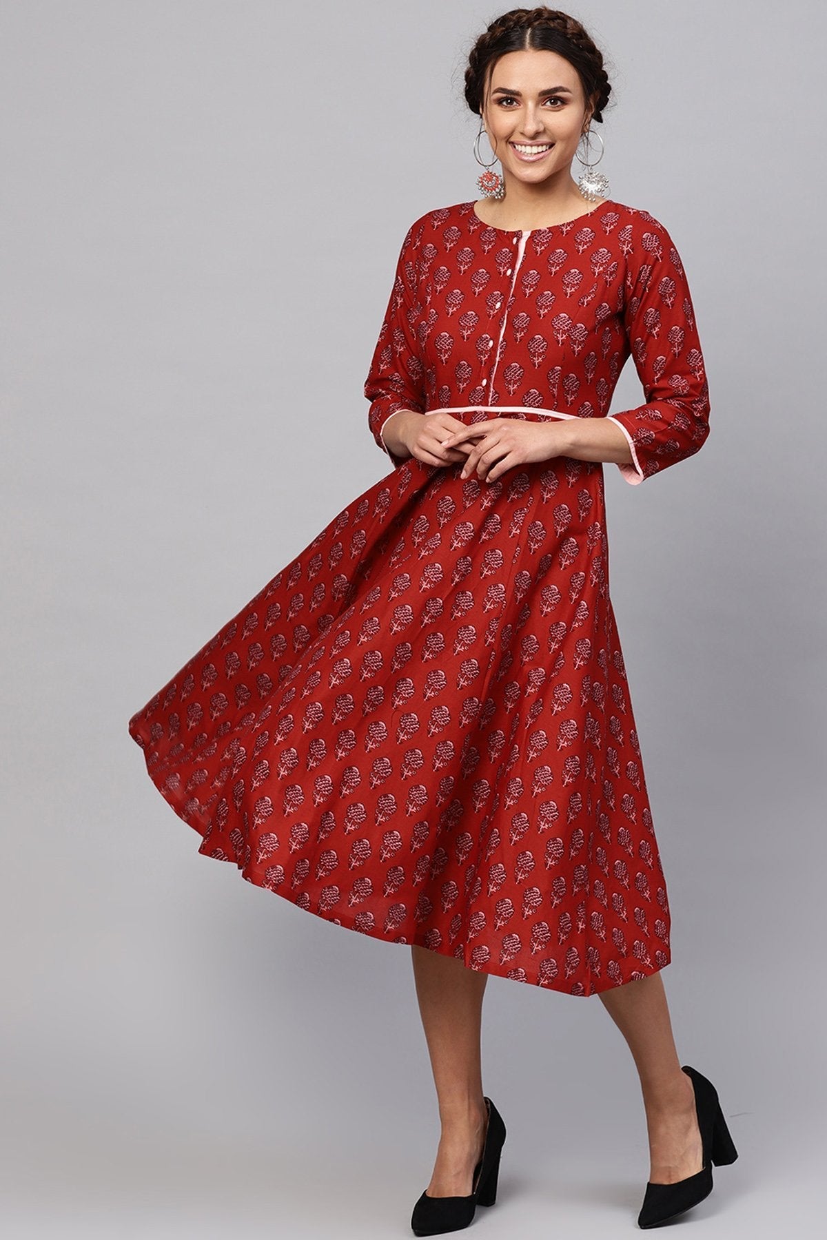 Women's Red Floral Piping Midi - SASSAFRAS