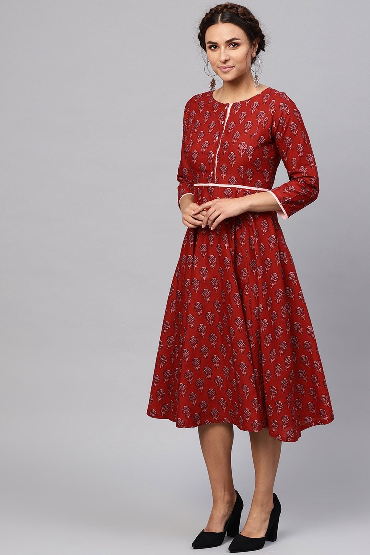 Women's Red Floral Piping Midi - SASSAFRAS