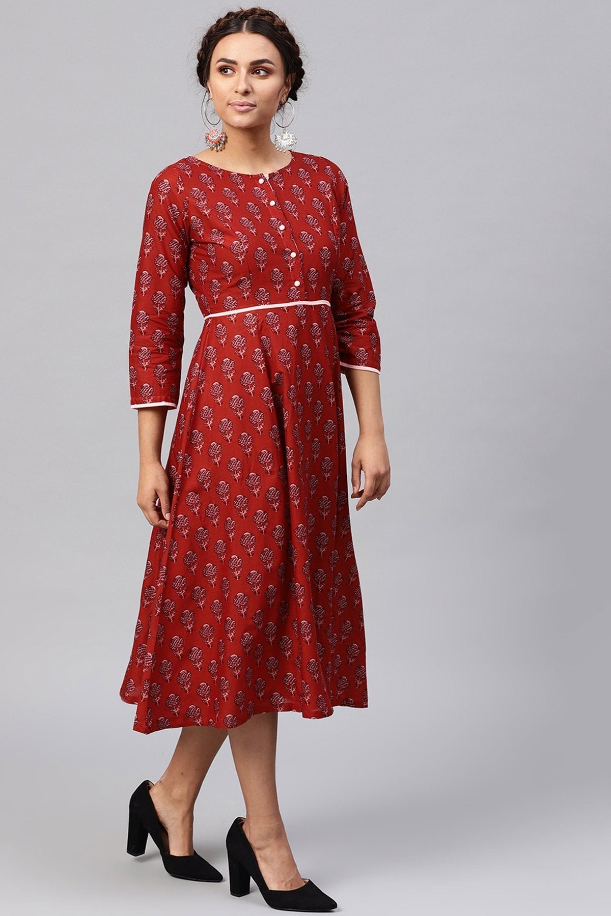 Women's Red Floral Piping Midi - SASSAFRAS