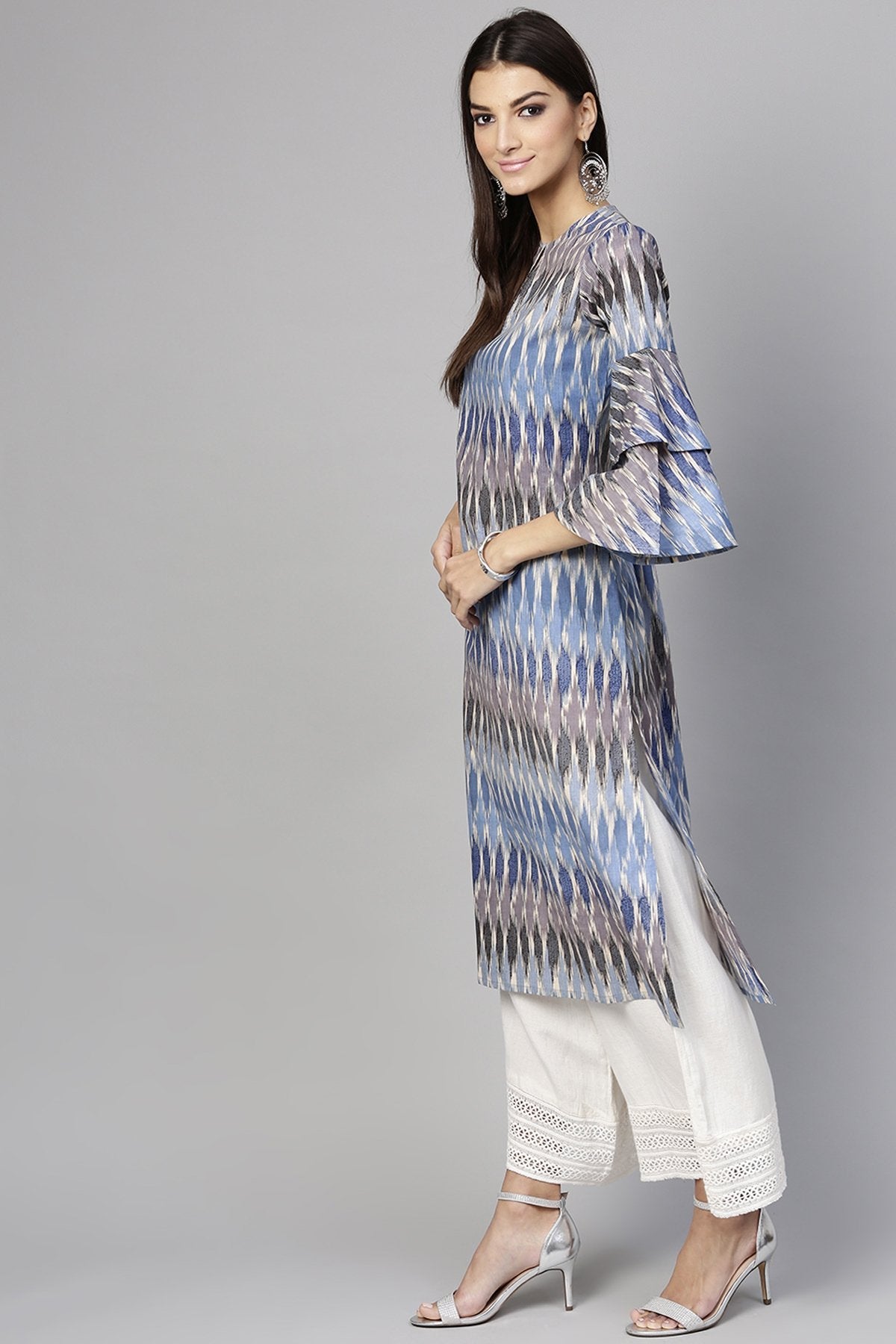 Women's Blue Ikat Straight Frill Sleeves Kurta - SHAE