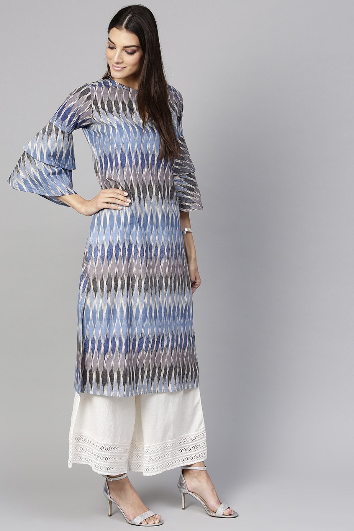 Women's Blue Ikat Straight Frill Sleeves Kurta - SHAE