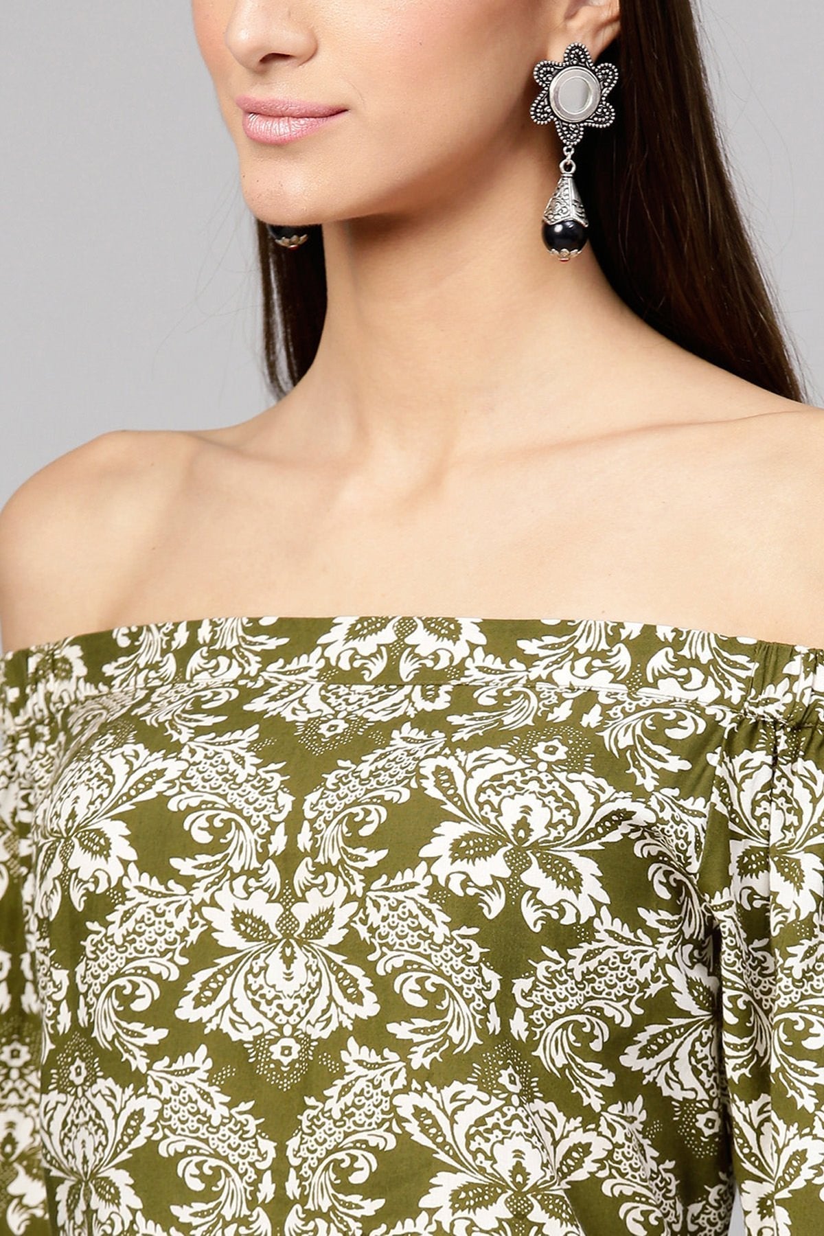 Women's Olive Floral Off Shoulder Straight Kurta - SHAE