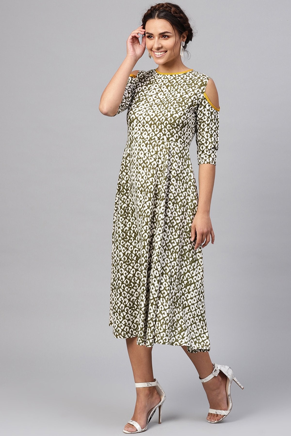 Women's Olive Geo Print Cold Shoulder Midi - SASSAFRAS