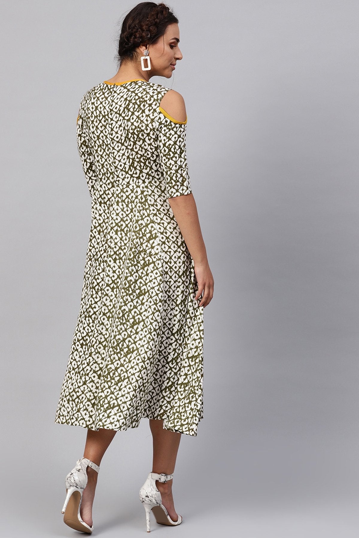 Women's Olive Geo Print Cold Shoulder Midi - SASSAFRAS