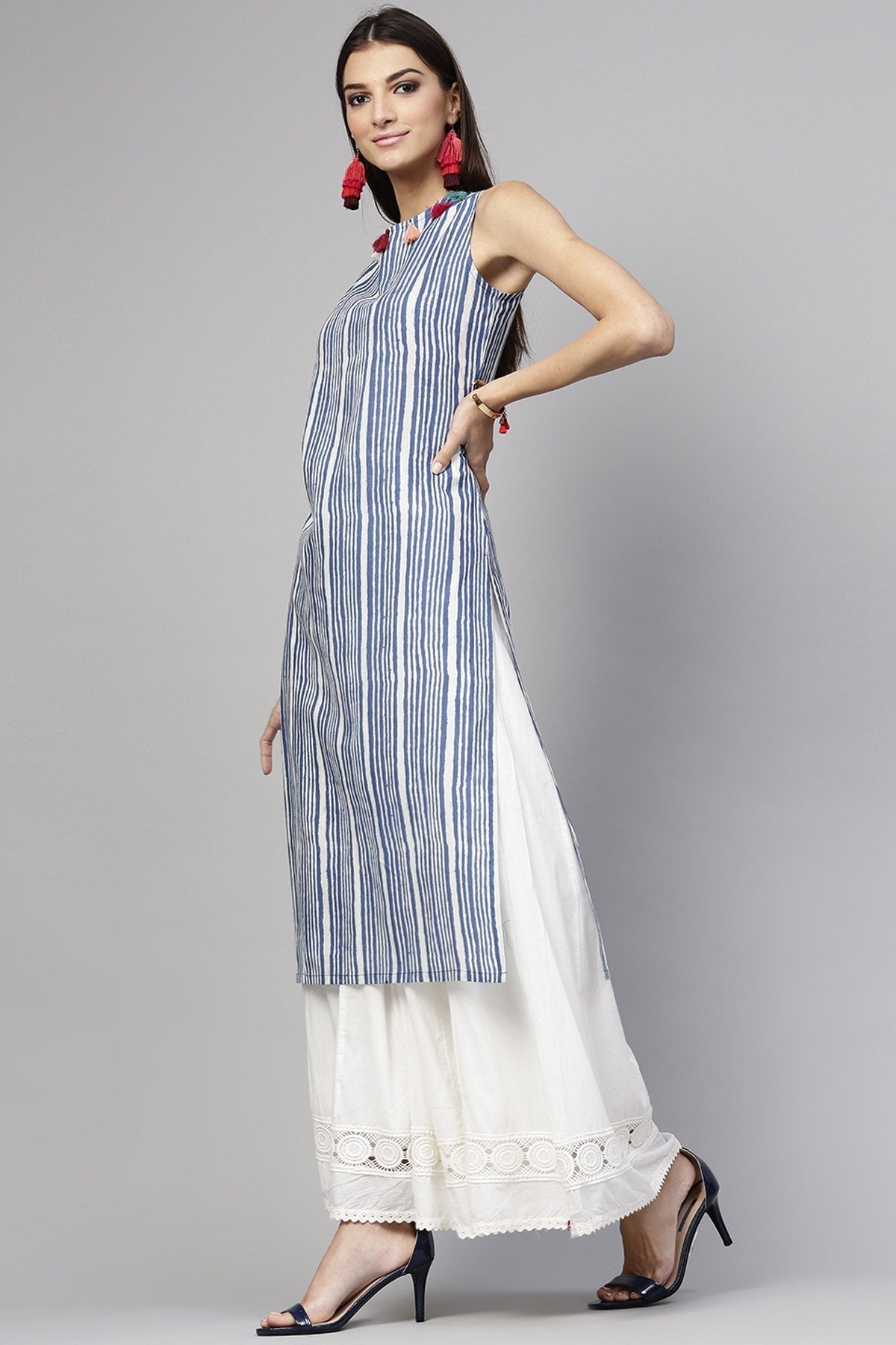 Women's Indigo Stripe Sleeveless Straight Kurta - SHAE