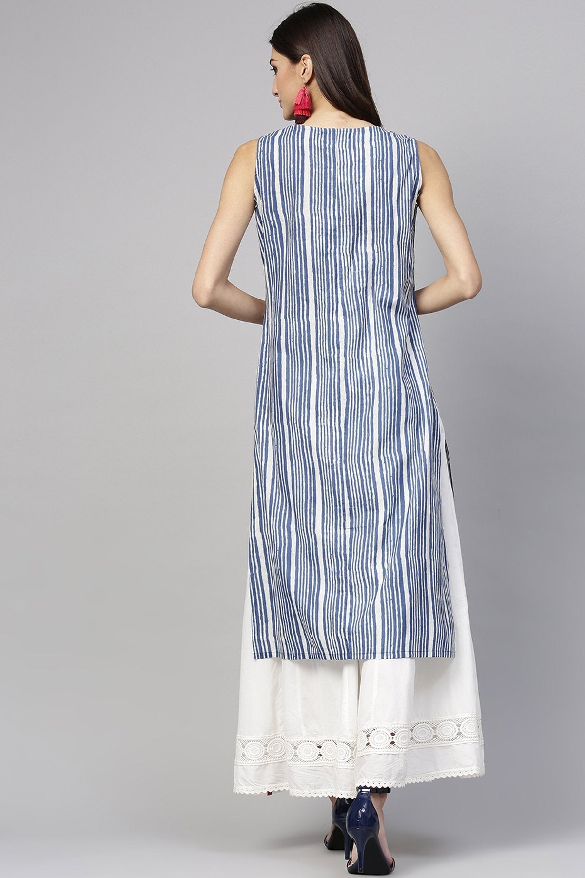 Women's Indigo Stripe Sleeveless Straight Kurta - SHAE