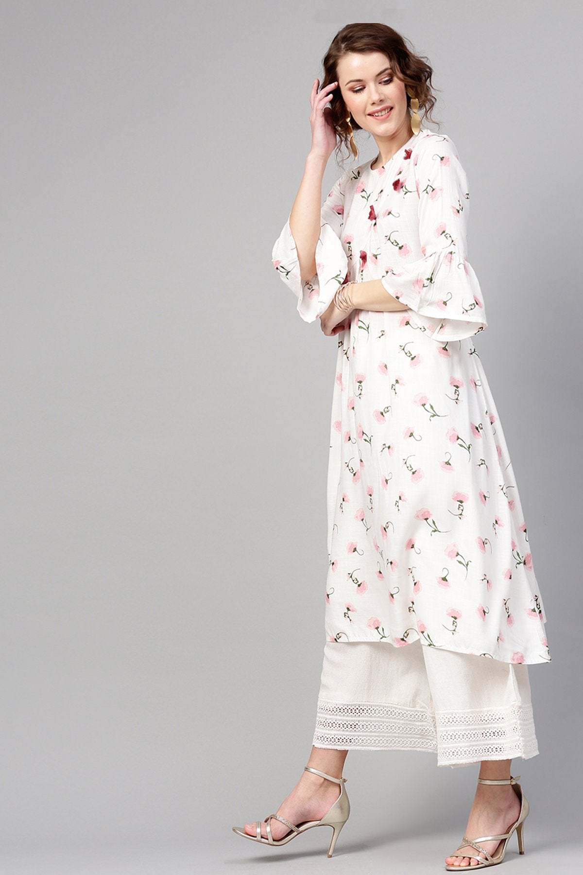 Women's White Floral Front Tassel Kurta - SHAE