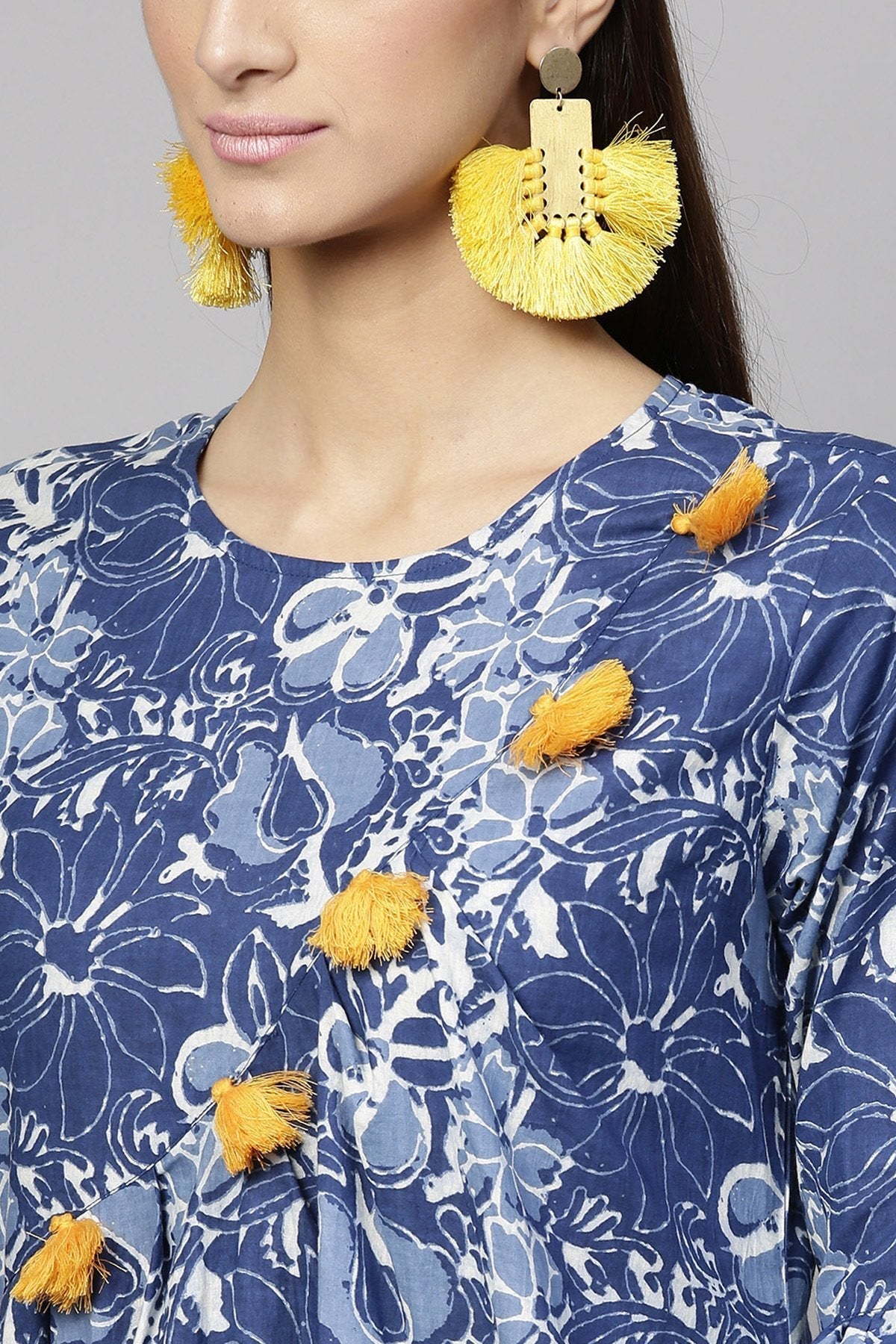 Women's Indigo Floral Front Tassel Kurta - SHAE