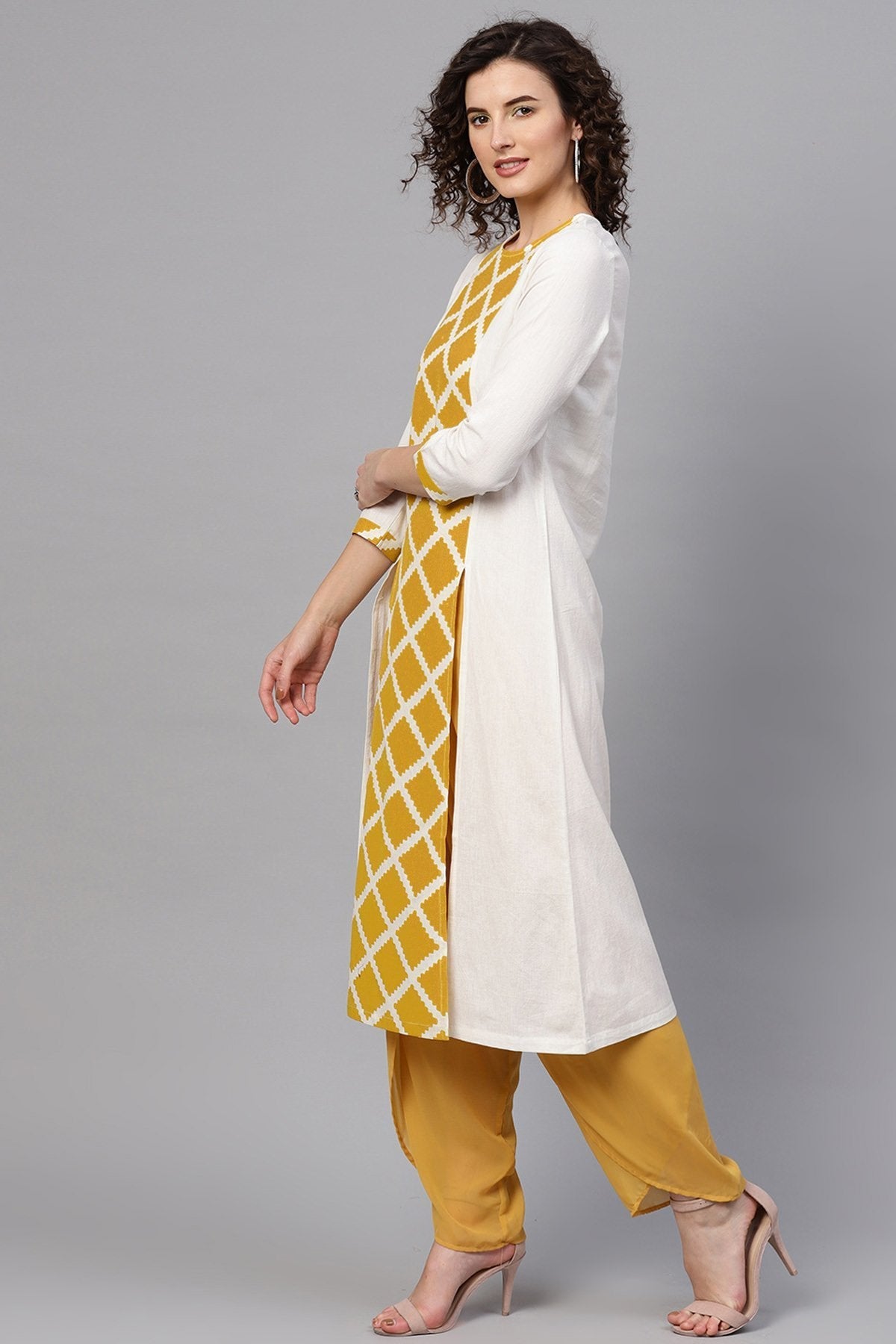 Women's Yellow & White Diamond Front Slit Kurta - SHAE