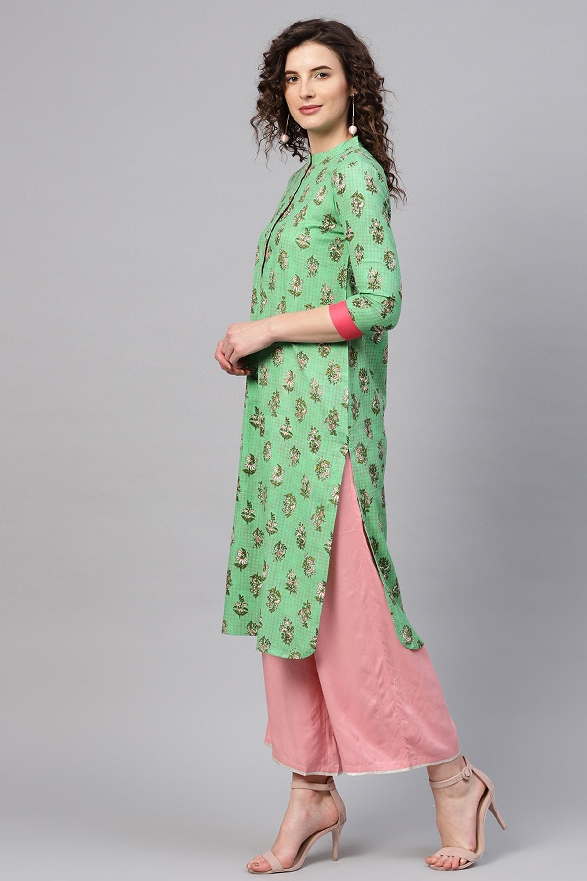 Women's Green Mughal Floral Straight Kurta - SHAE