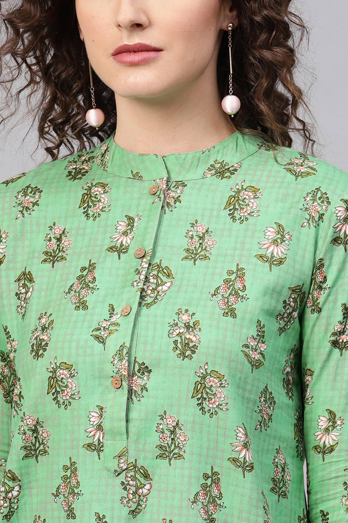 Women's Green Mughal Floral Straight Kurta - SHAE