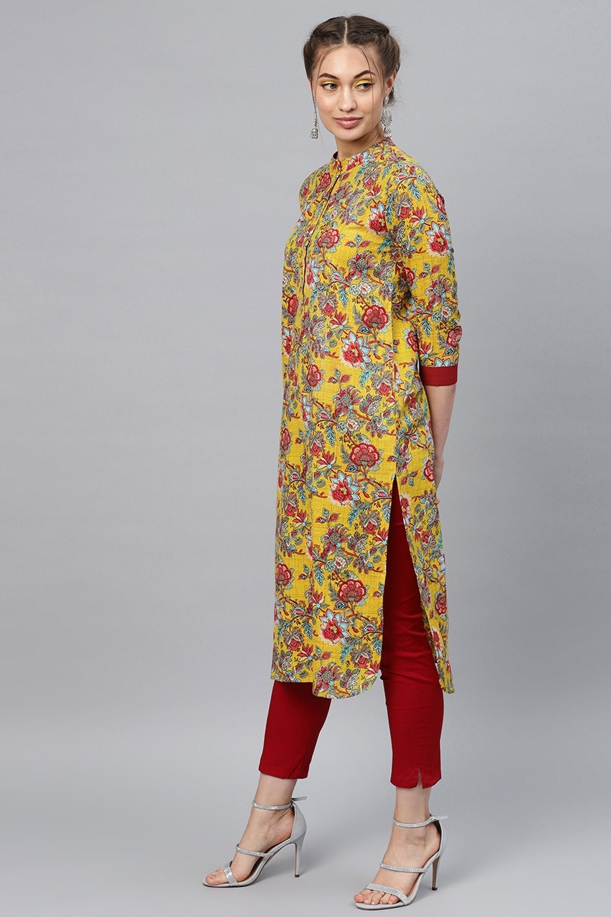 Women's Yellow & Red Floral Straight Kurta - SHAE