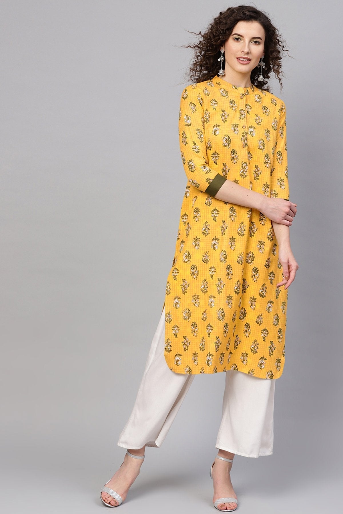 Women's Yellow Mughal Floral Straight Kurta - SHAE