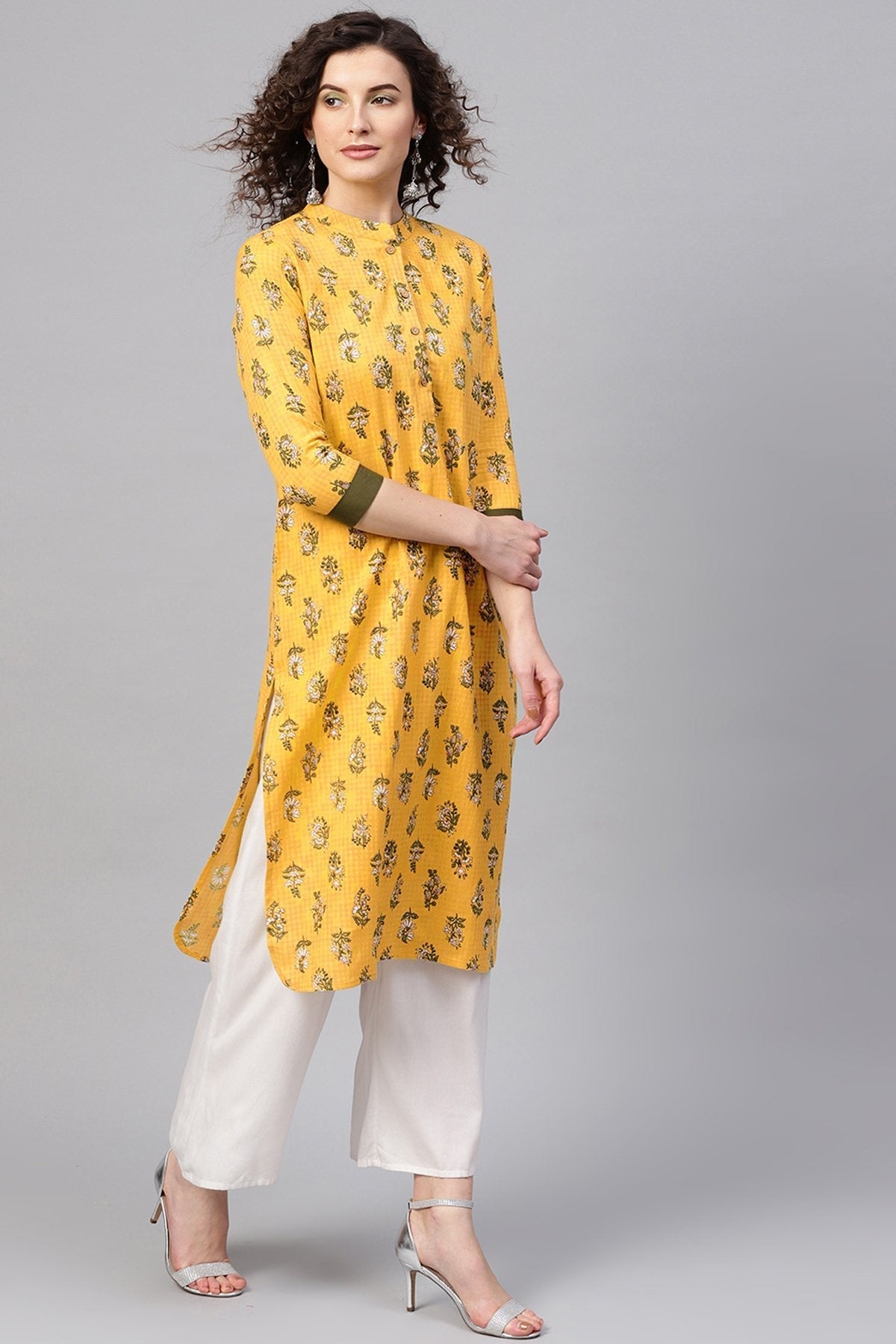 Women's Yellow Mughal Floral Straight Kurta - SHAE
