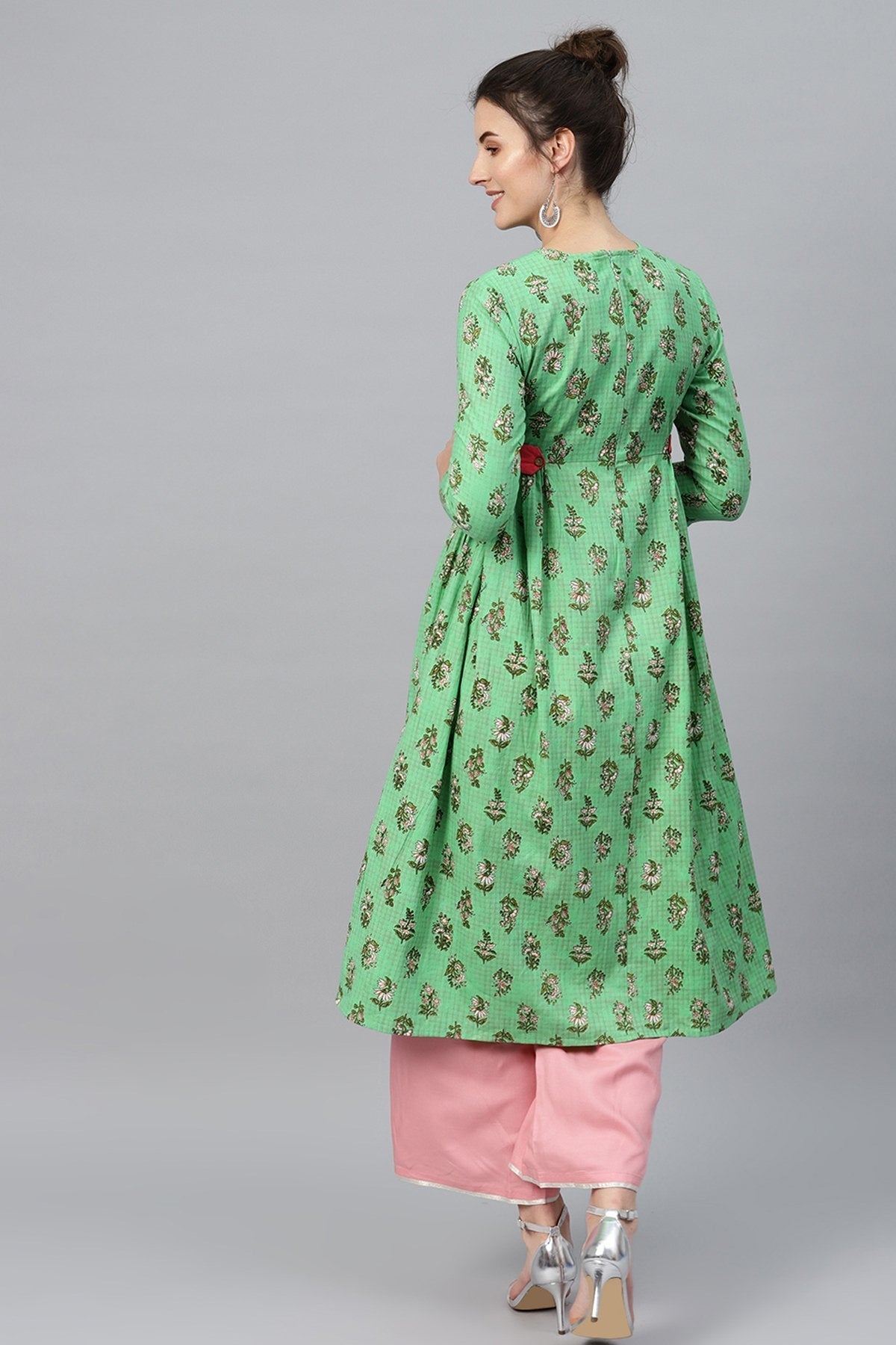 Women's Green Mughal Floral Side Tab Kurta - SHAE