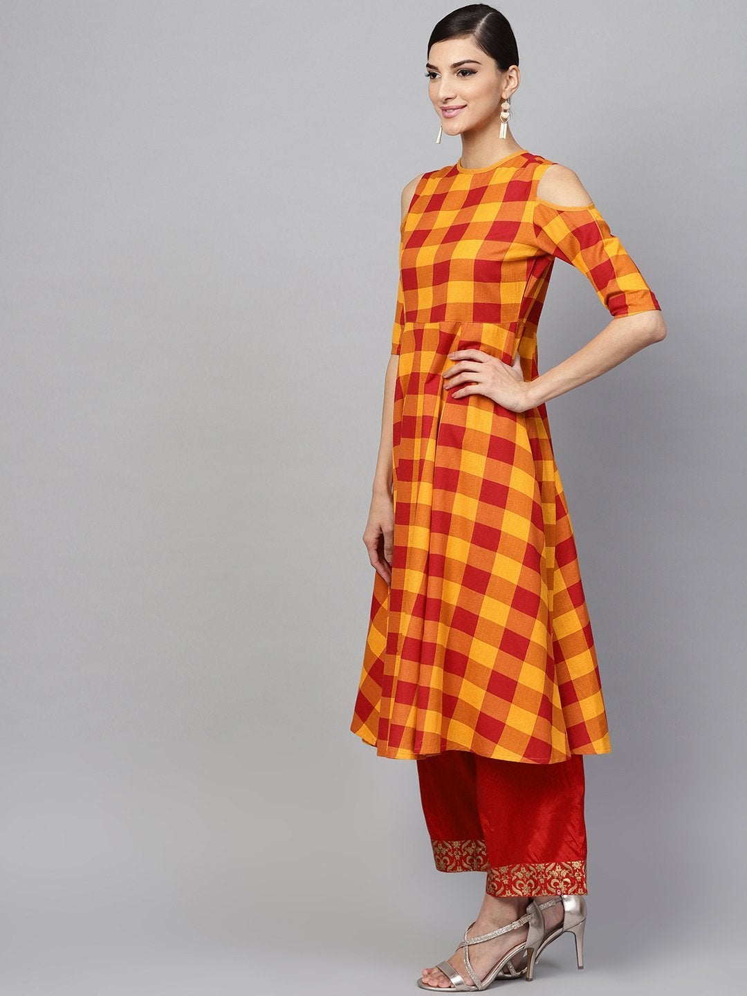 Women's Yellow Check Cold Shoulder Anarkali - SHAE
