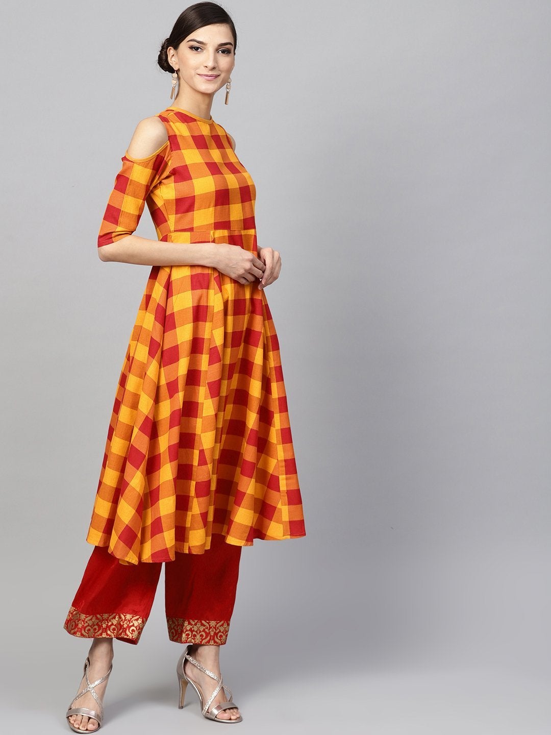 Women's Yellow Check Cold Shoulder Anarkali - SHAE