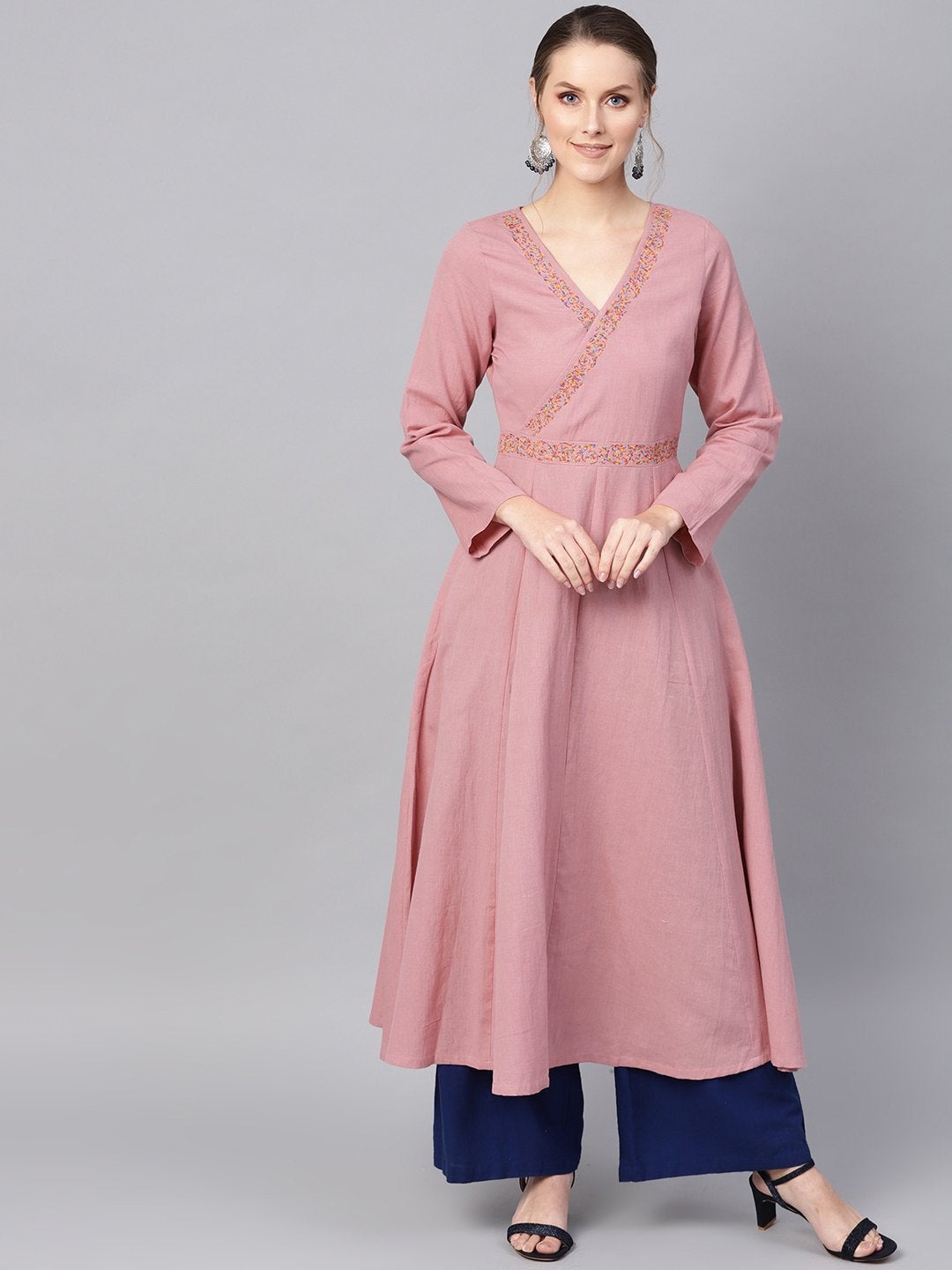 Women's Pink Embroidered Wrap Flared Kurta Dress - SHAE
