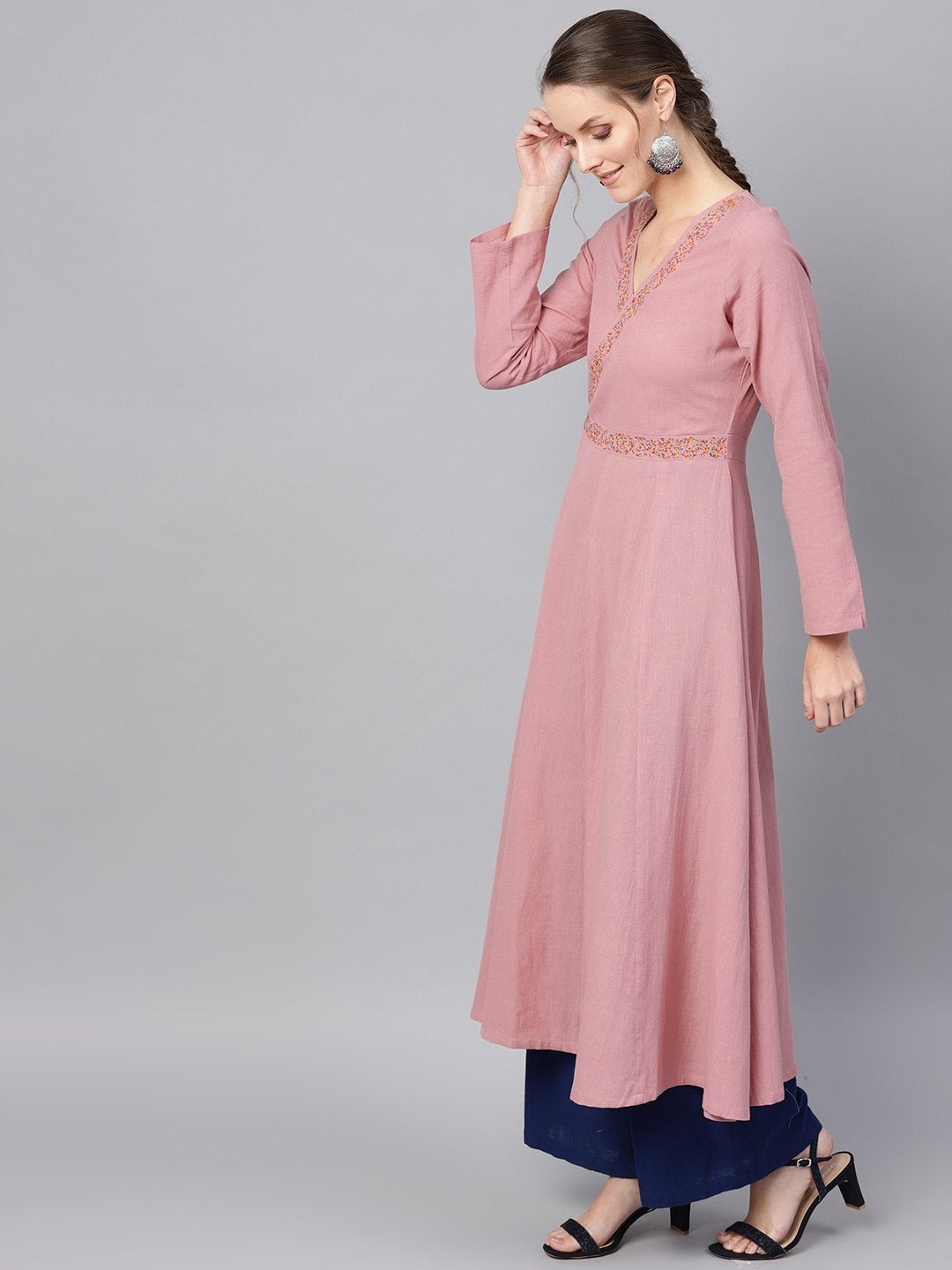 Women's Pink Embroidered Wrap Flared Kurta Dress - SHAE