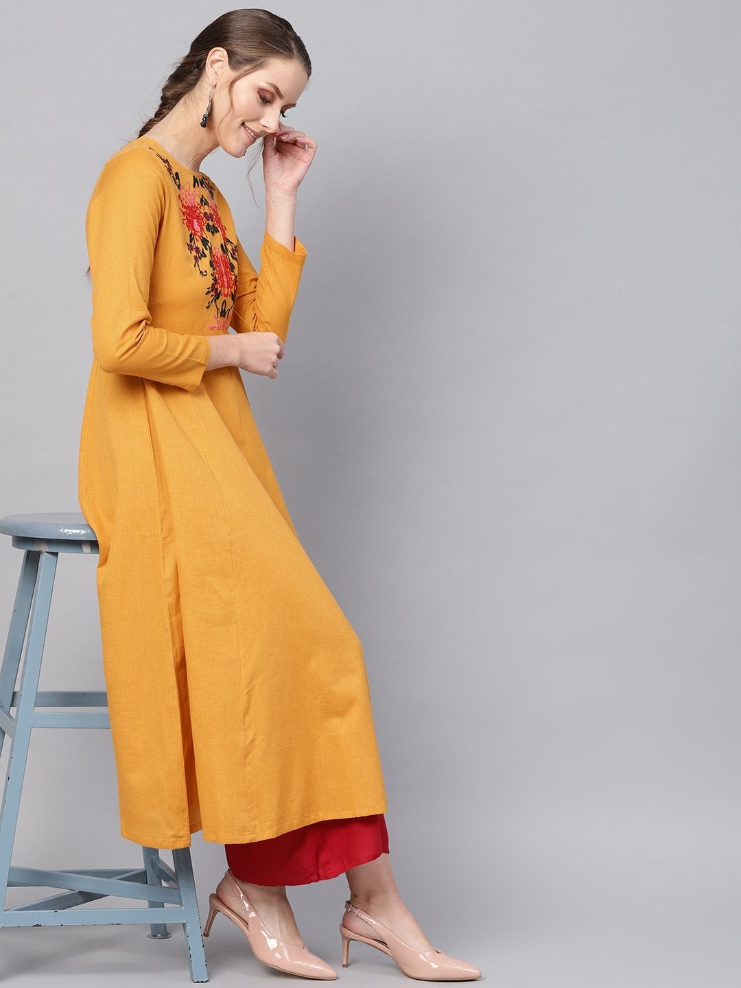 Women's Mustard Yoke Embroidered  Flared Kurta Dress - SHAE