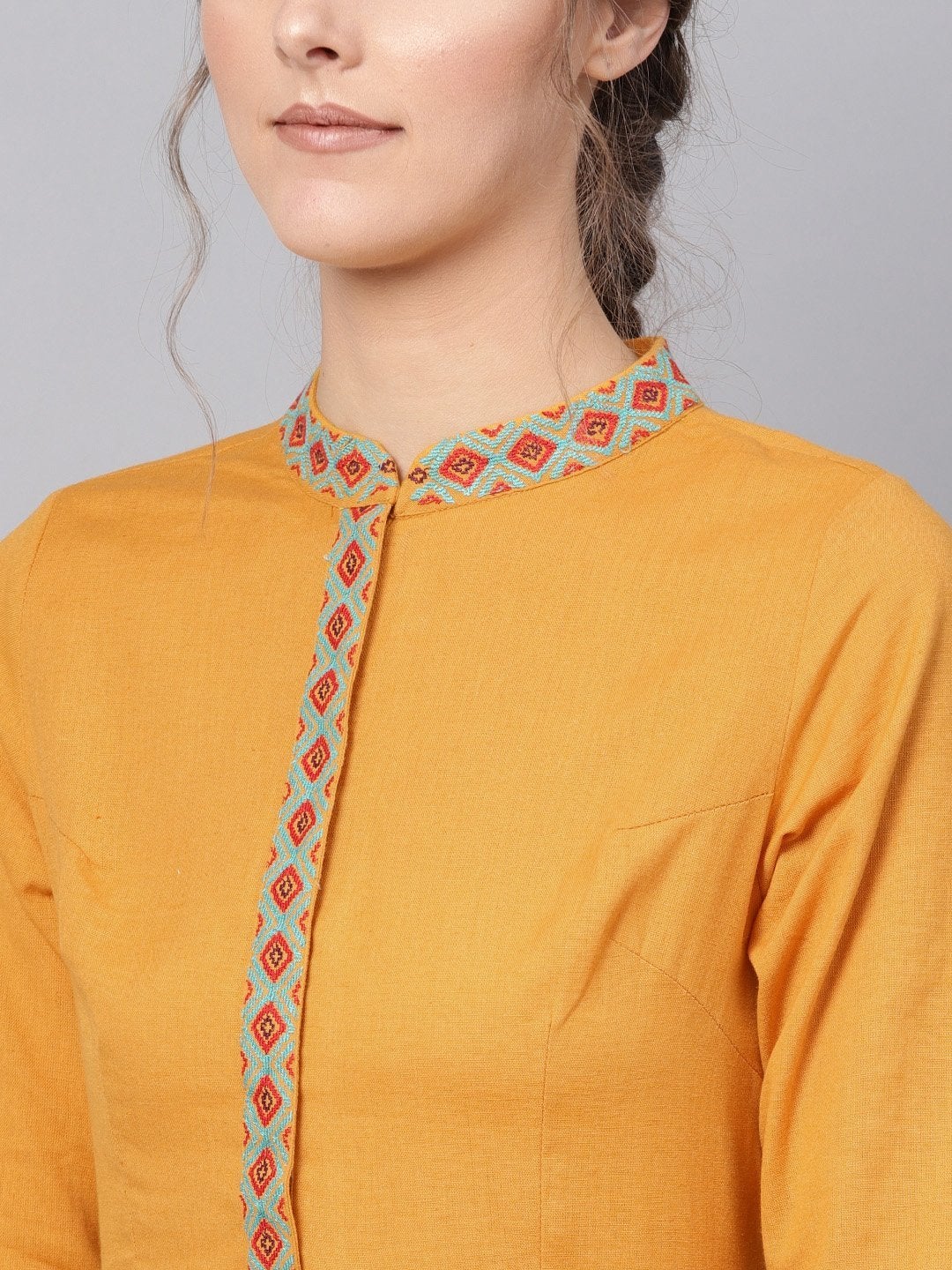 Women's Mustard Embroidered Front Open Kurta - SHAE