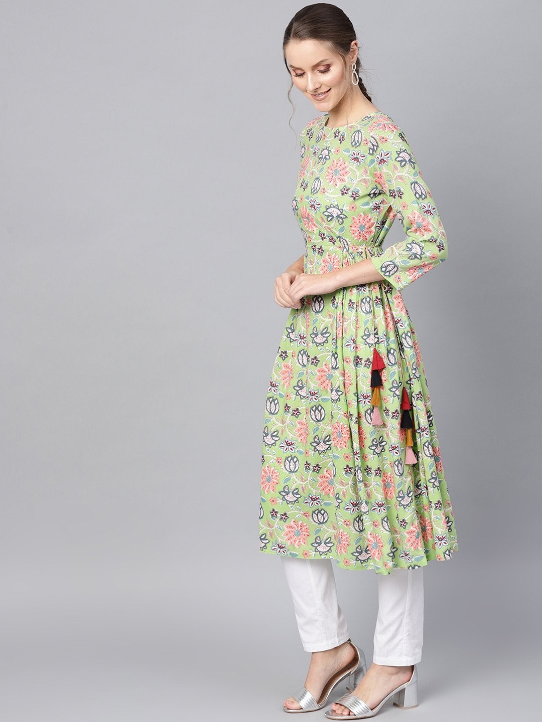 Women's Green Floral Side Tie-Up Kurta Dress - SHAE