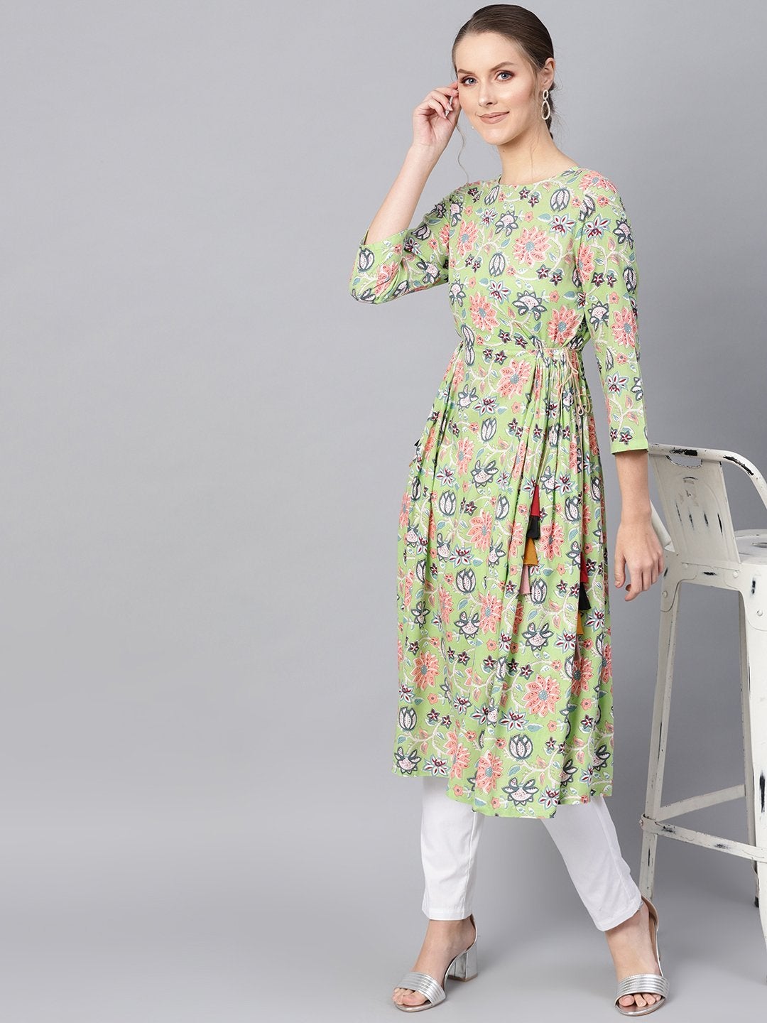 Women's Green Floral Side Tie-Up Kurta Dress - SHAE