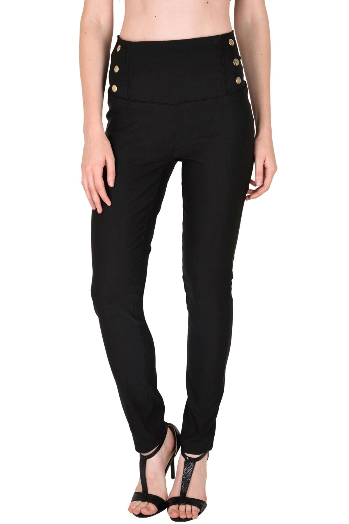 Women's High Waisted Black Button Jeggings - SASSAFRAS