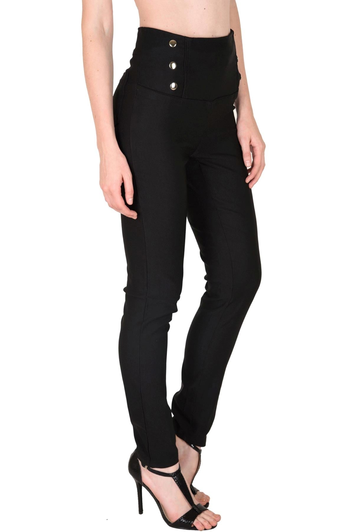 Women's High Waisted Black Button Jeggings - SASSAFRAS