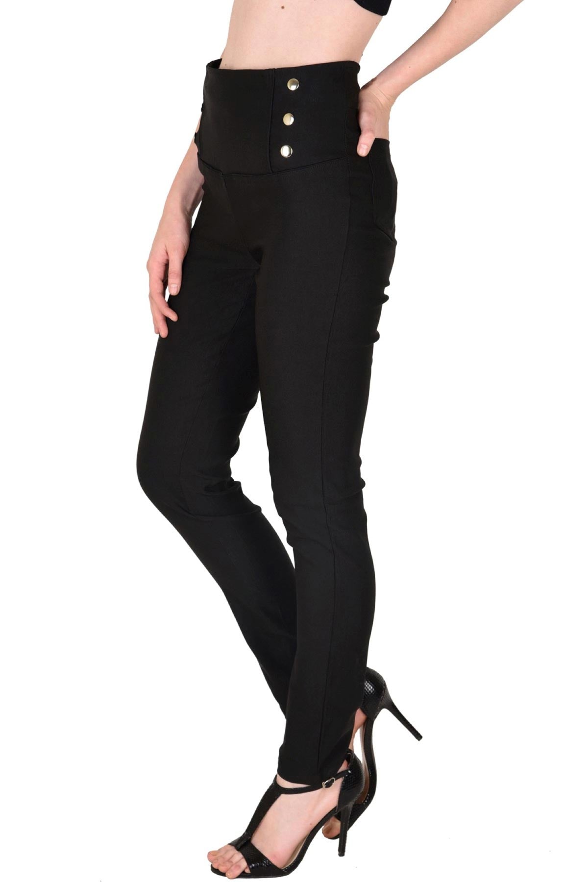 Women's High Waisted Black Button Jeggings - SASSAFRAS