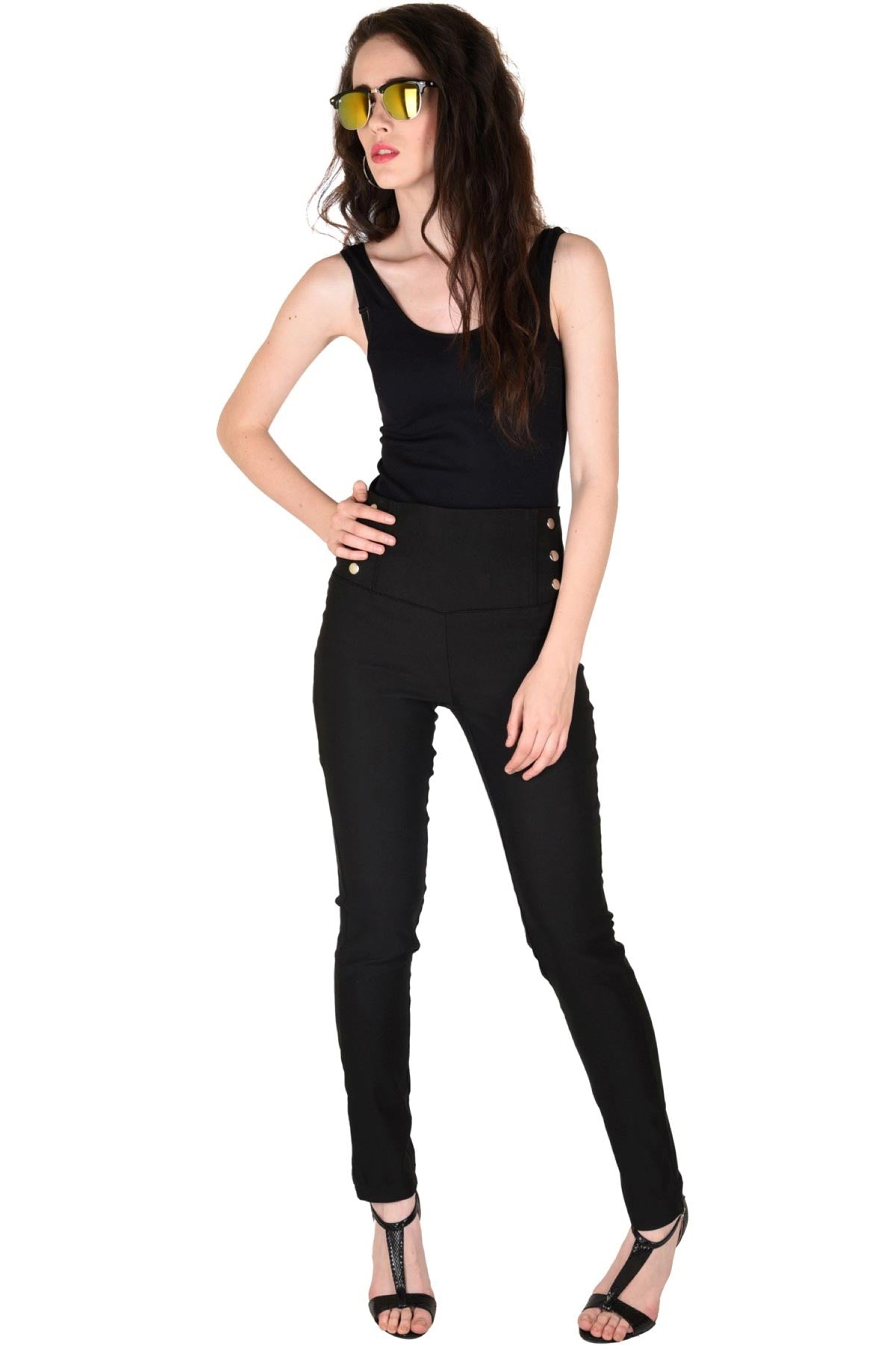 Women's High Waisted Black Button Jeggings - SASSAFRAS