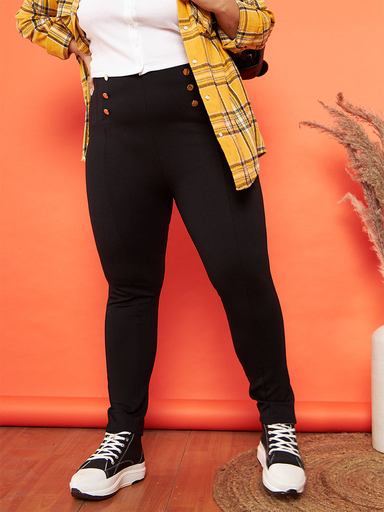 Women's Black Show Button High Waist Jeggings