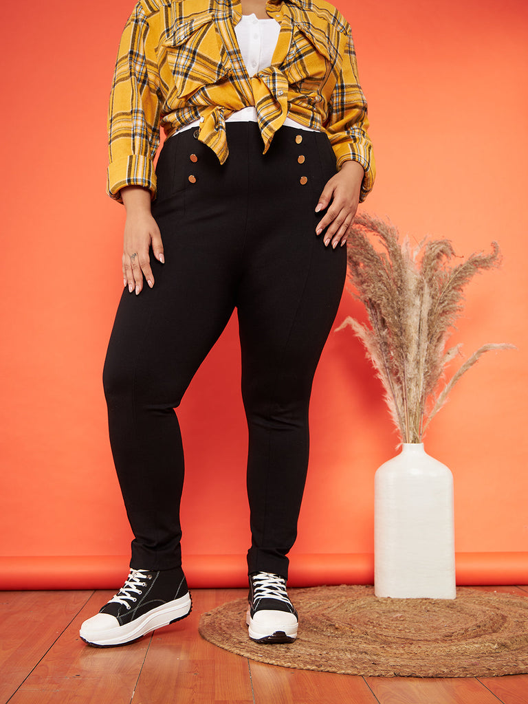 Women's Black Show Button High Waist Jeggings