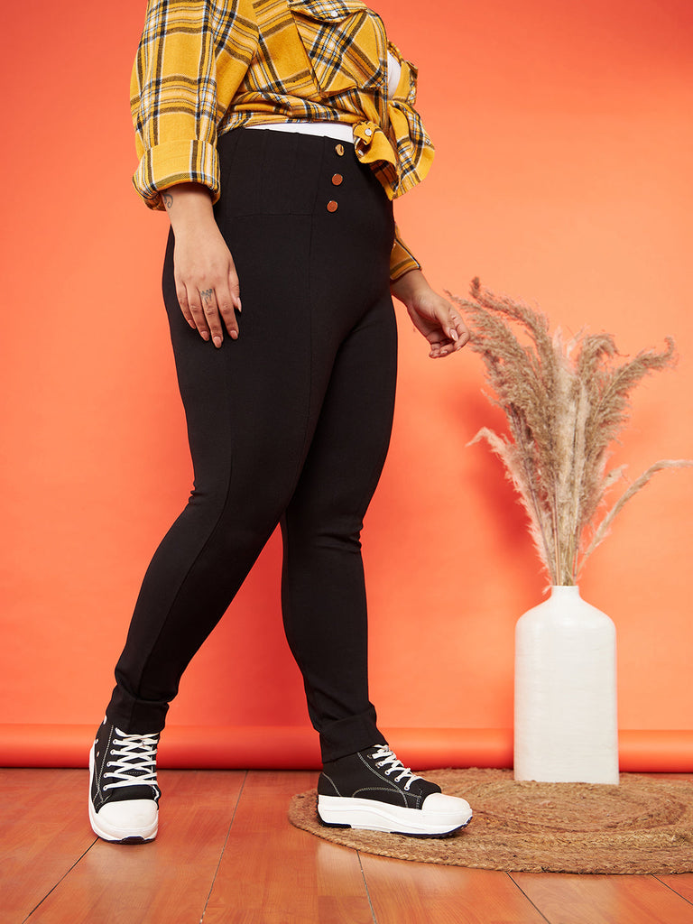 Women's Black Show Button High Waist Jeggings