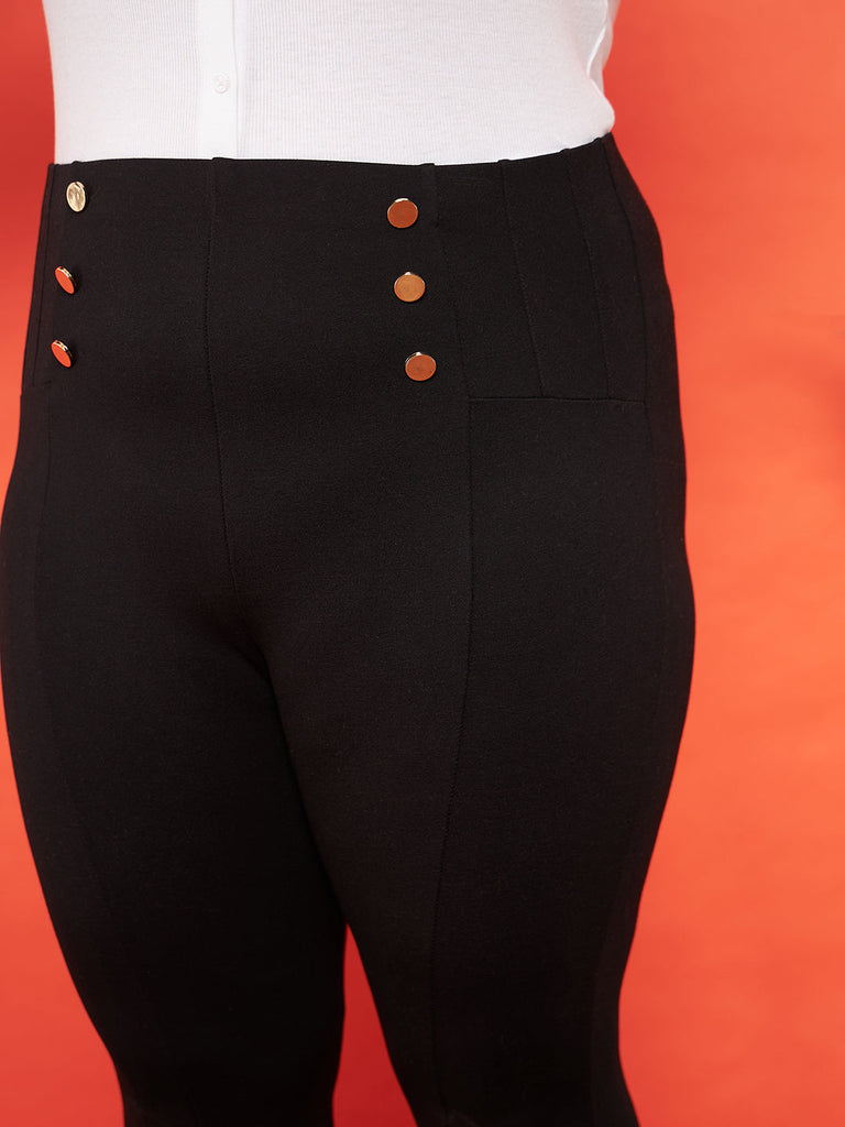 Women's Black Show Button High Waist Jeggings