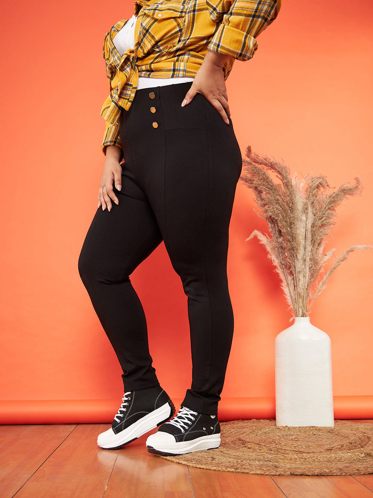 Women's Black Show Button High Waist Jeggings