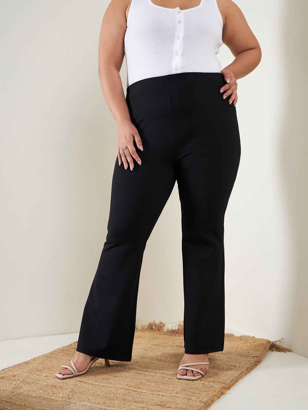 Women's Black Bell Bottom 4-Way Stretch Trousers - SASSAFRAS