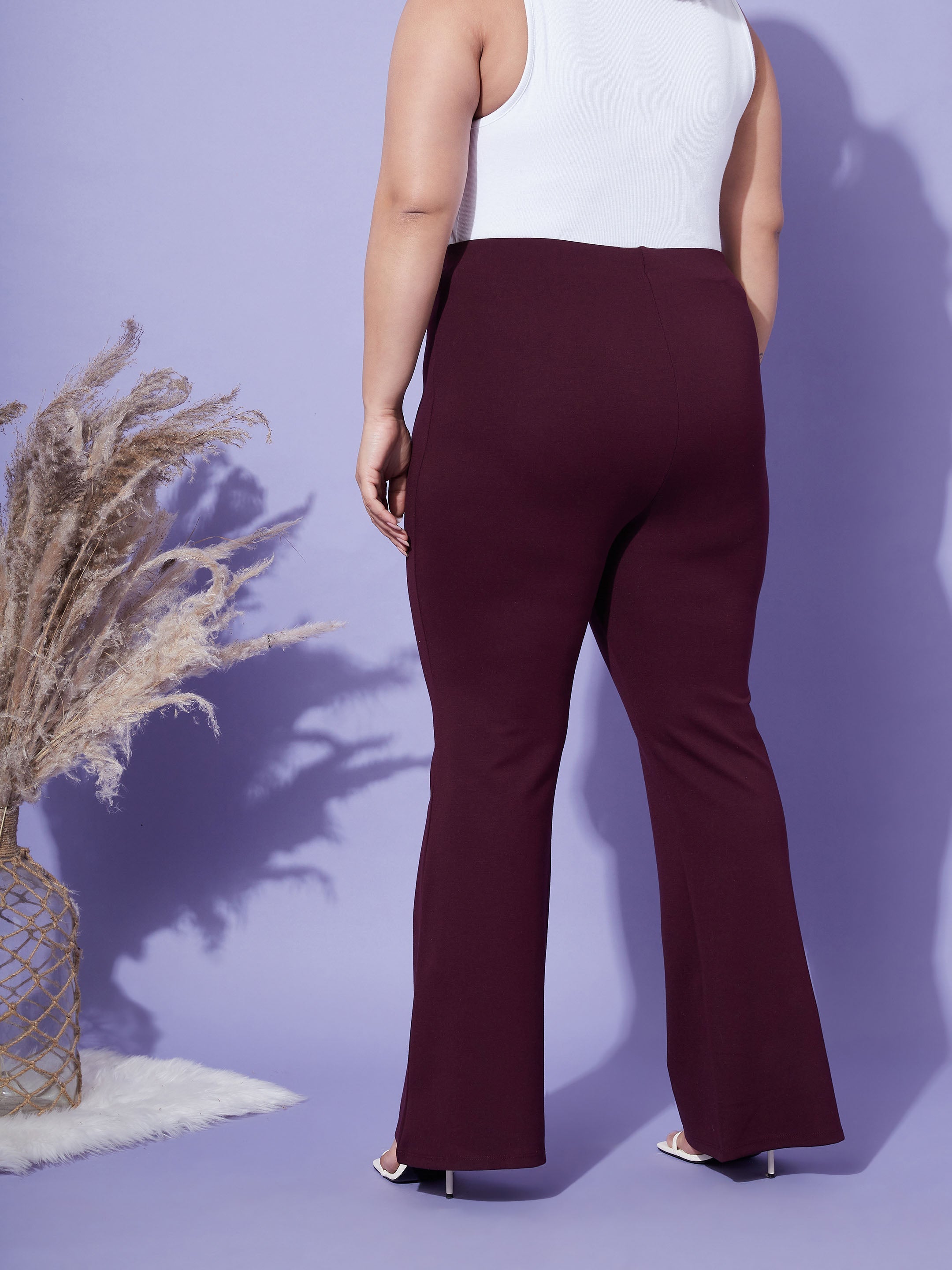 Women's Burgundy Bell Bottom 4-Way Stretch Trousers - SASSAFRAS