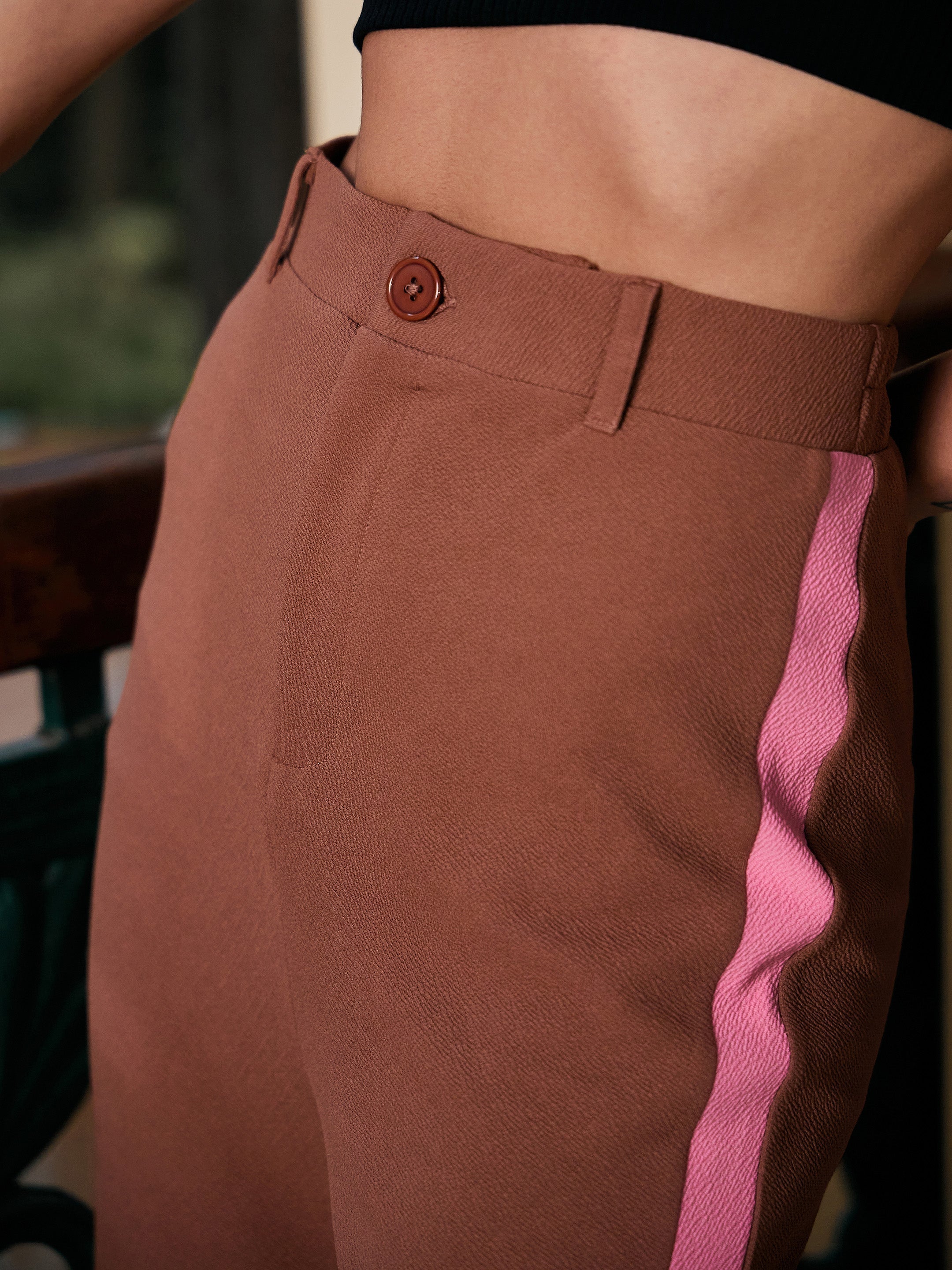 Women's Brown Side Tape Bell Bottom Knitted Pants - SASSAFRAS