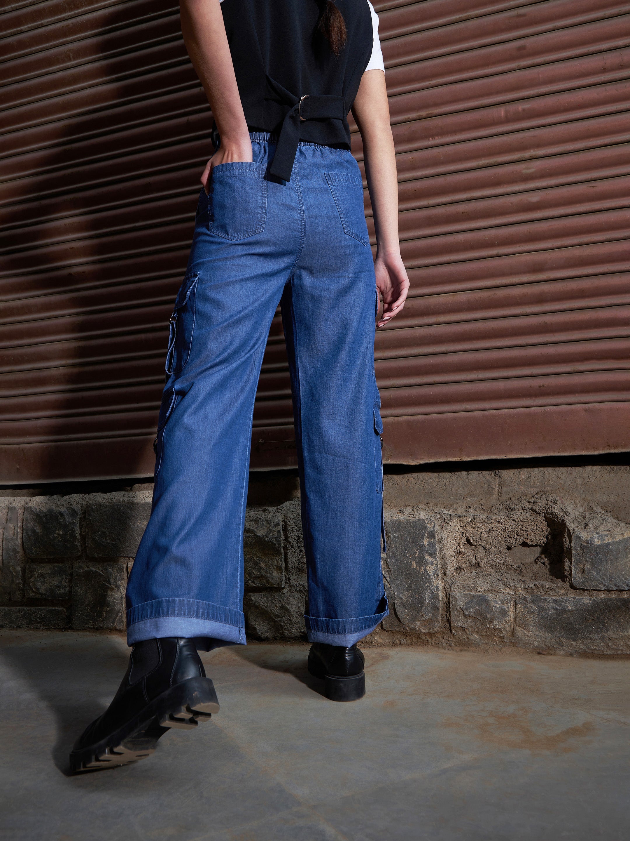 Women's Blue Tencel Cargo Pants - SASSAFRAS