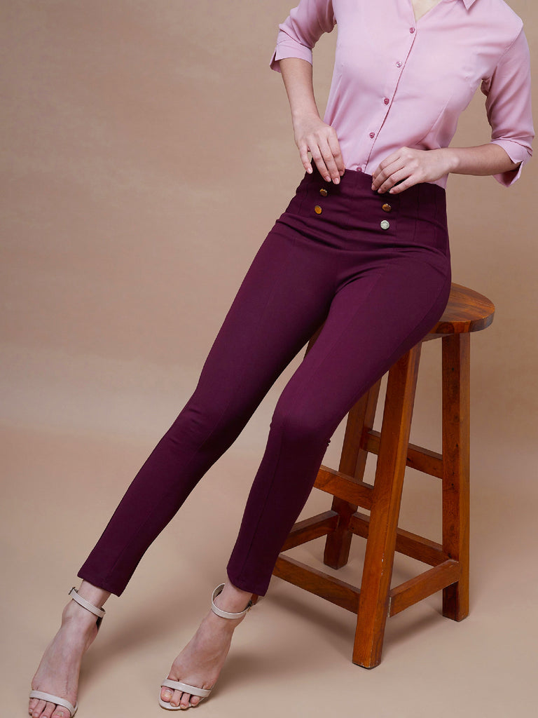 Women's Burgundy Show Button Jeggings