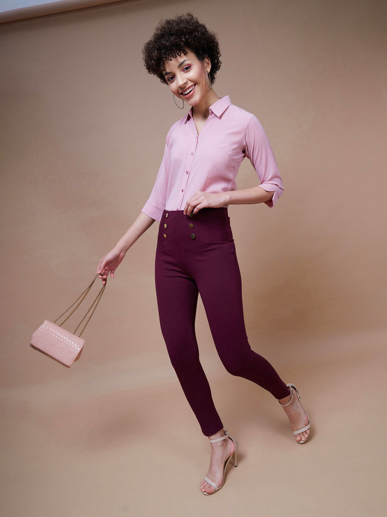Women's Burgundy Show Button Jeggings