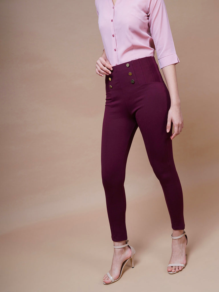 Women's Burgundy Show Button Jeggings