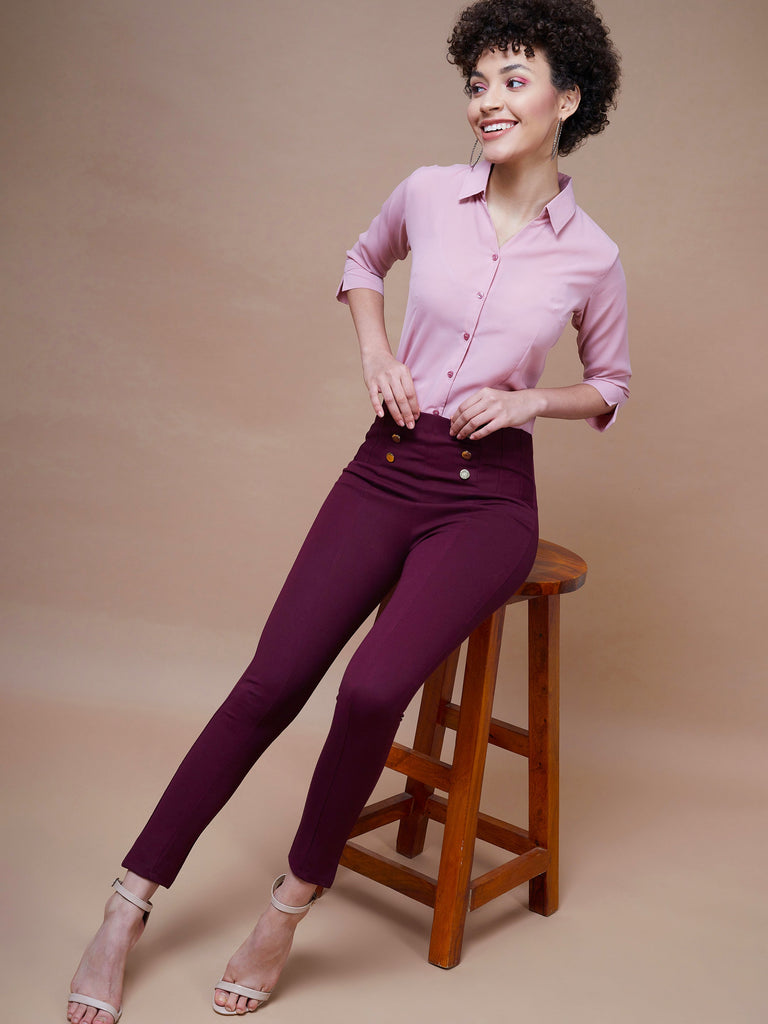 Women's Burgundy Show Button Jeggings