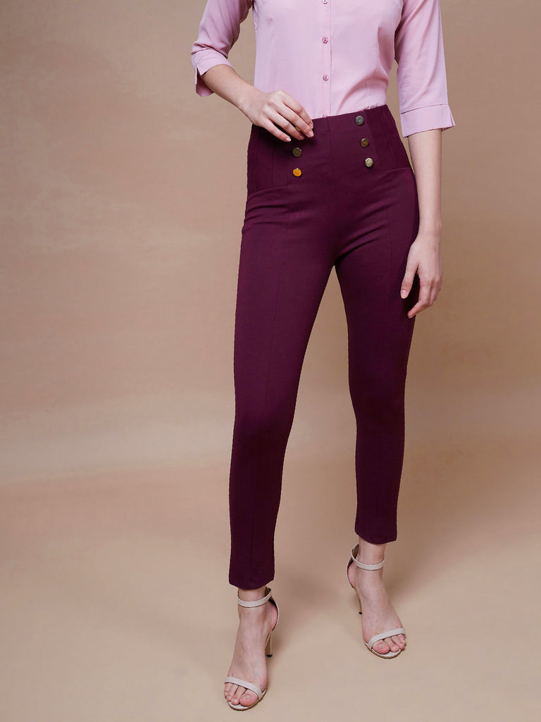 Women's Burgundy Show Button Jeggings