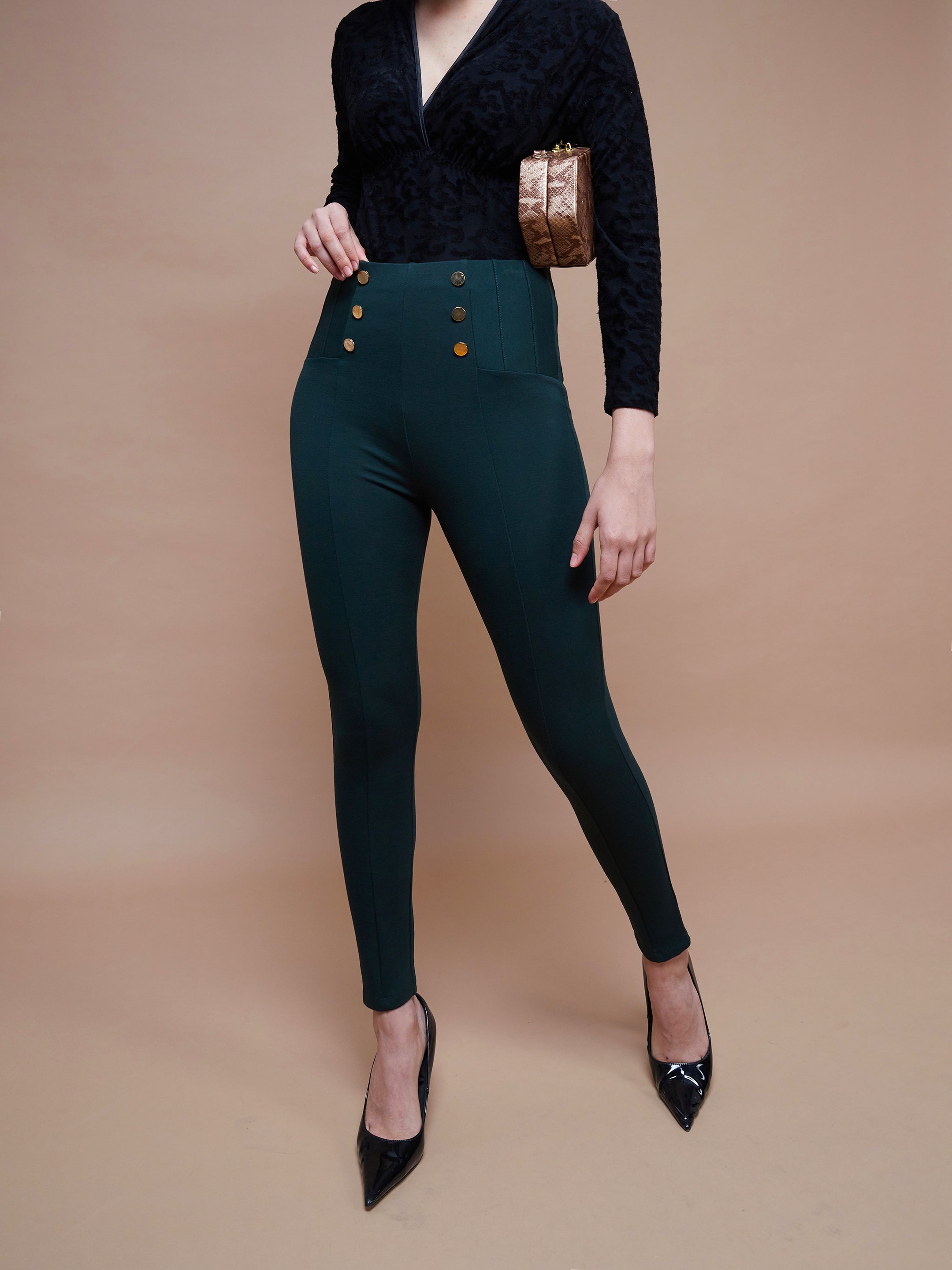 Women's Emerald Green Show Button Jeggings - SASSAFRAS