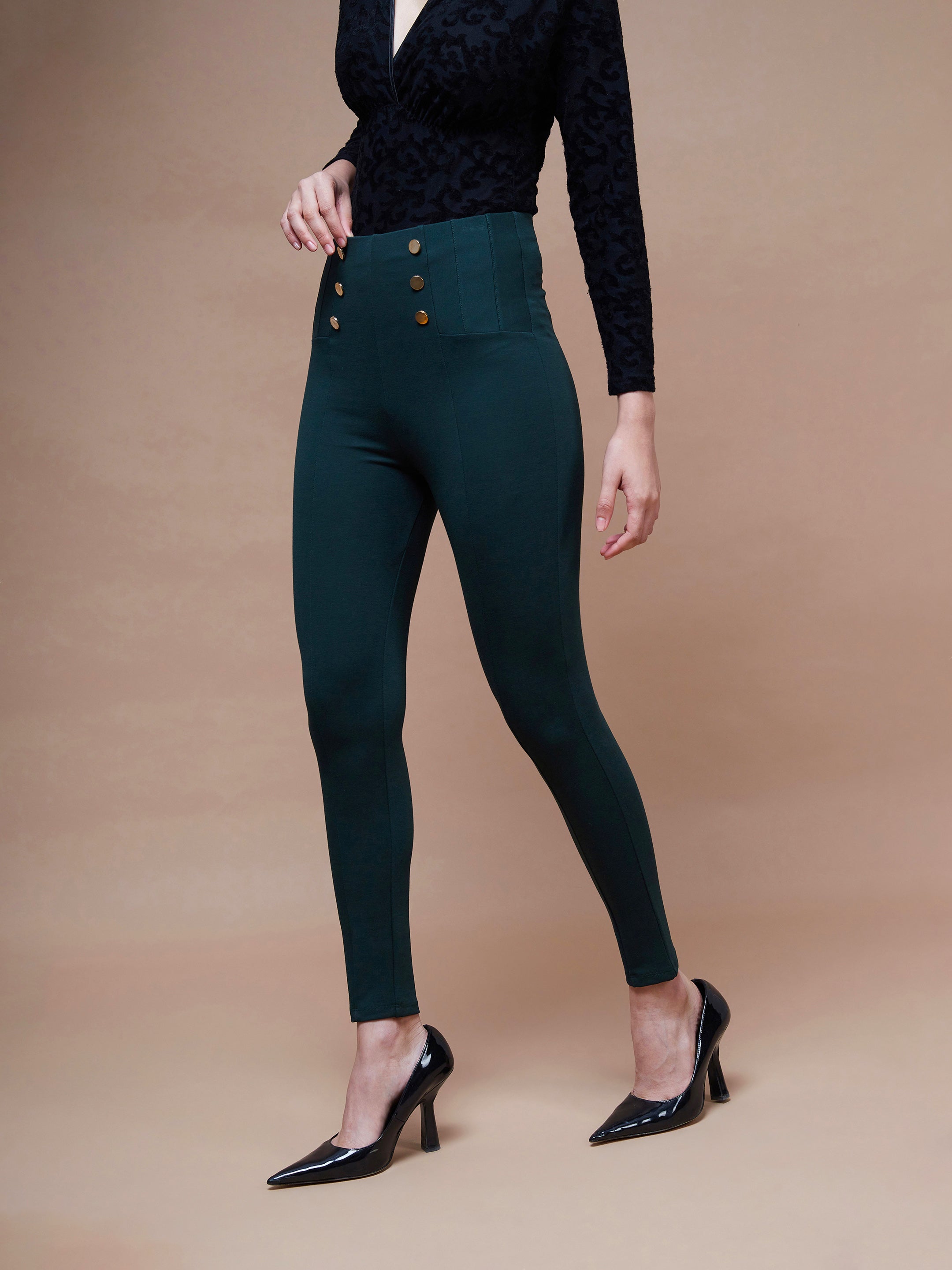 Women's Emerald Green Show Button Jeggings - SASSAFRAS